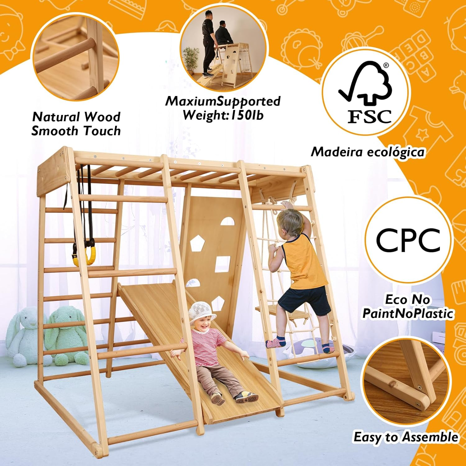 Indoor Playground Toddler 8-In-1 - Climbing Toys for Toddlers with Gymnastic Rings, Swing, Climbing Wall & Monkey Bars, Indoor Jungle Gym for Physical Development image number 2