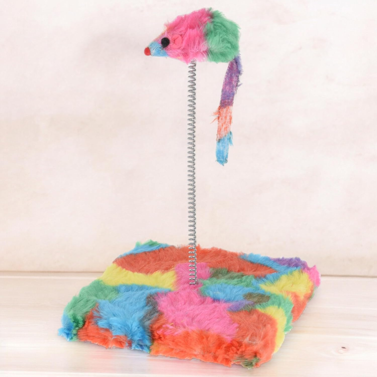 MIJOMA Colourful Toy Mouse on Spiral - Promotes Activity & Hunting Instinct of Your Cat, Cat Toy with Wood Base Plate & Plush, 20 Cm Spiral Spring, 15 X 15 Cm (Rainbow Colours)