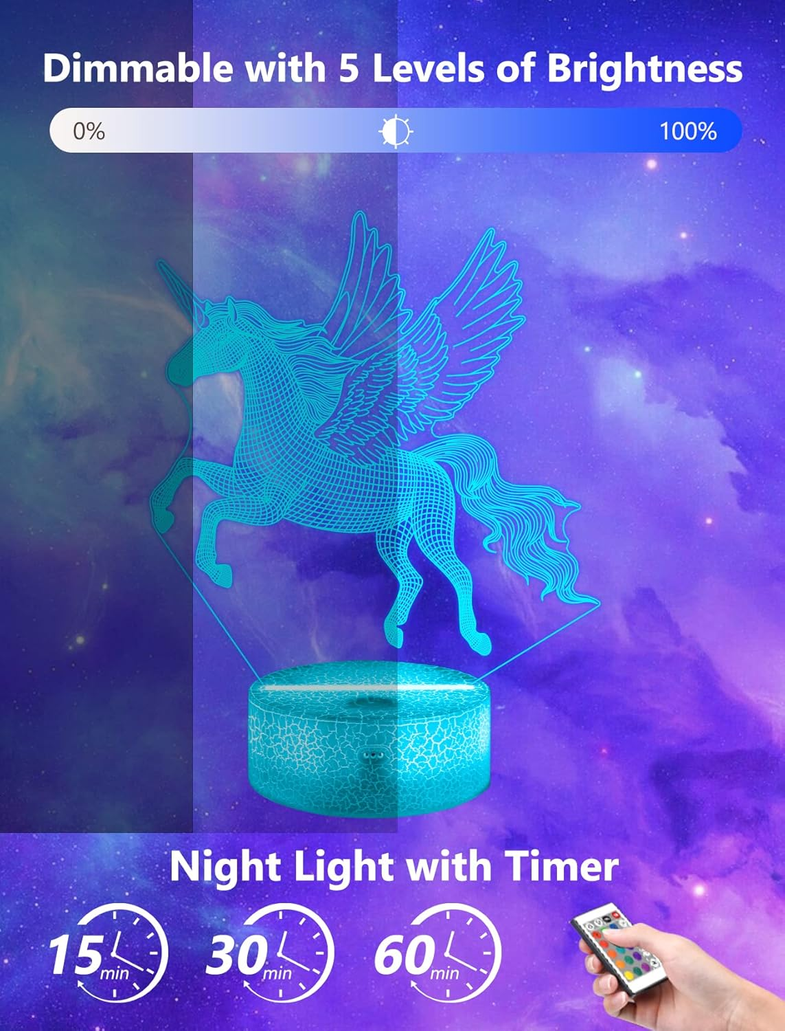 FULLOSUN Unicorn Night Light for Girl, Unicorn Girl Lamp 3D Illusion,16 Colors Changing Remote Control Nightlight, Fairy Room Decor Birthday Xmas Gift to Girl Kid Daughter image number 4