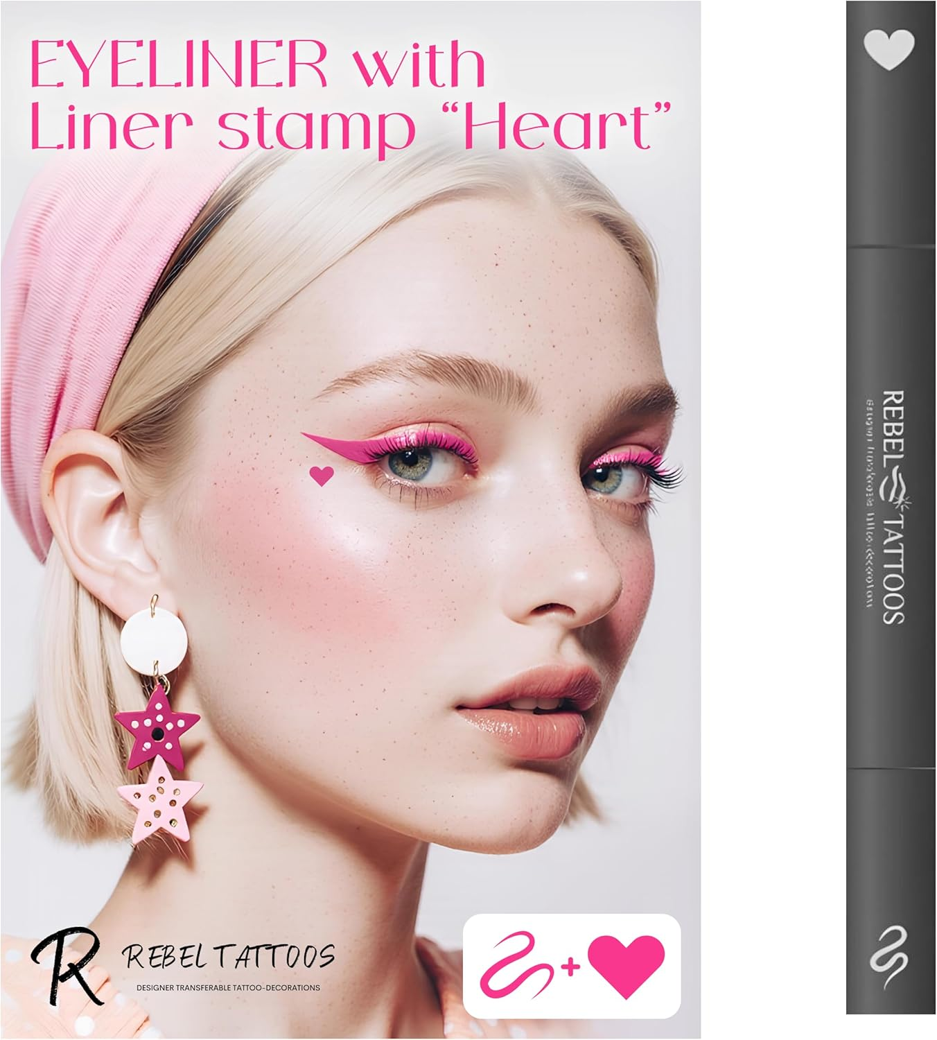 Rebel Tattoos 2-In-1 Eyeliner Stamp, Pigmented Intense Black Formula, Smudge-Budge Proof, Sweatproof, 24 Hour Stay Eyeliner Stamp Star Butterfly or Heart (Pink Heart) image number 2