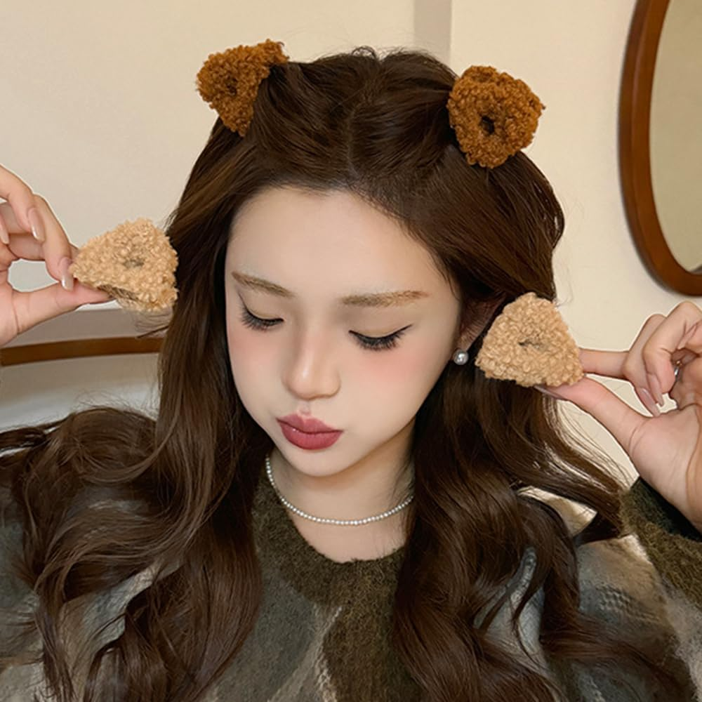 4Pcs Cute Plush Cat Ears Shape Hair Claw Clips Winter Plush Hair Clips Soft Non Slip Claw Clips Small Bangs Barrettes Beige Brown Hair Clip Fashion Fuzzy Claw Clip Hair Accessories for Women and Girls