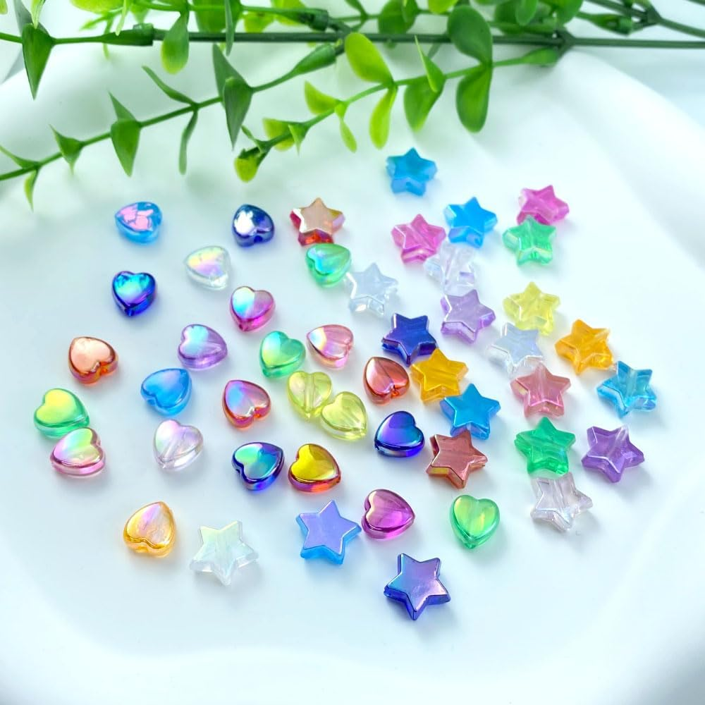 600 PCS Acrylic Beads Heart Star Shape Beads Clear Acrylic AB Colors Bead Assortments Colorful Flat Bead-In-Bead Loose Beads Spacer for DIY Necklace Bracelet Jewelry Craft Making (Deep Lake Blue AB) image number 1