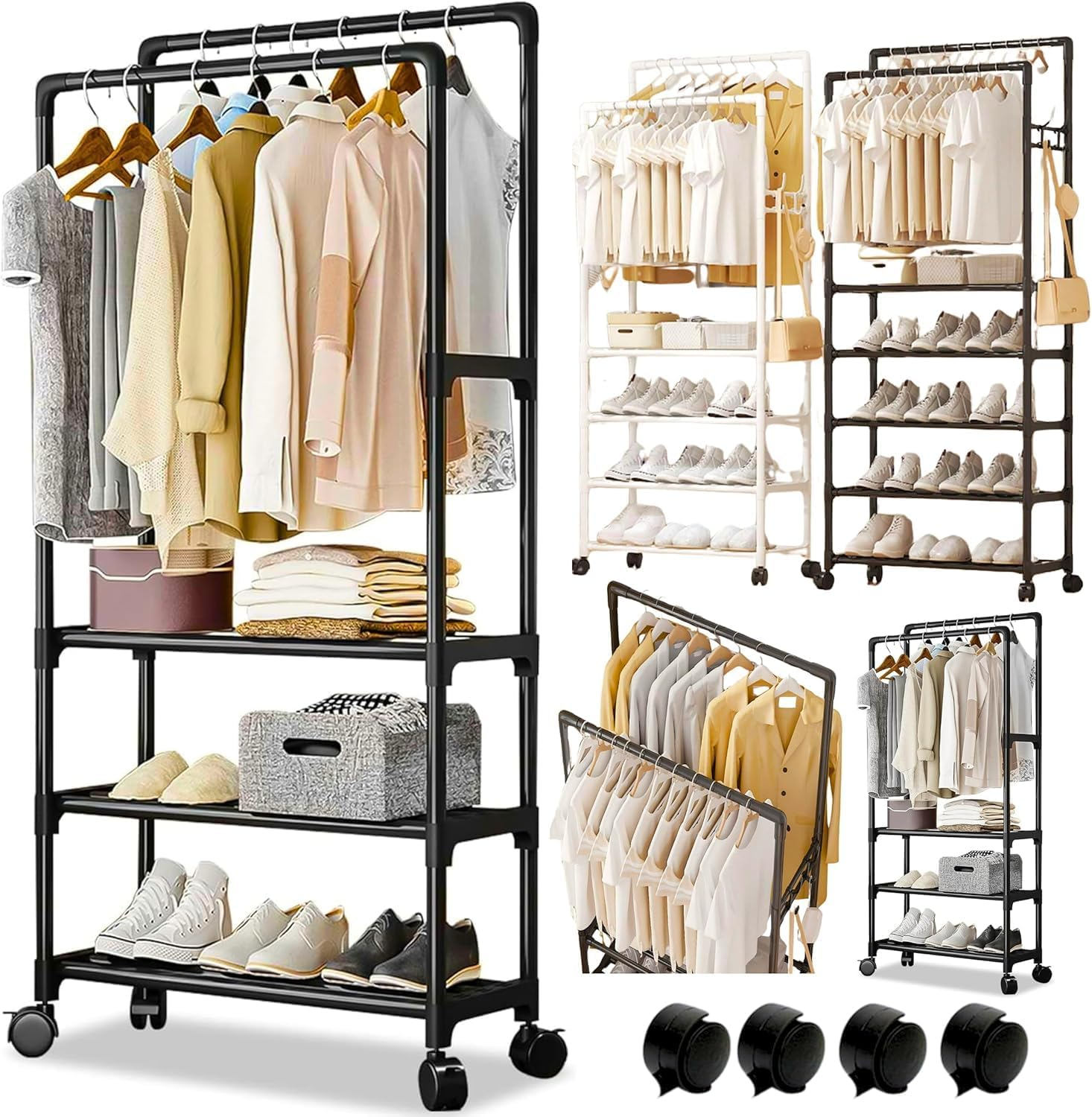 Double-Rail Clothes Hanger Stand, Storage Shelf Stand with Clothes Rail and Rolling Coat Rack,Clothing Garment Rack with Bottom Shelf, Drying Rack, Household Space Saving Storage Organizer for Bedroom image number 1