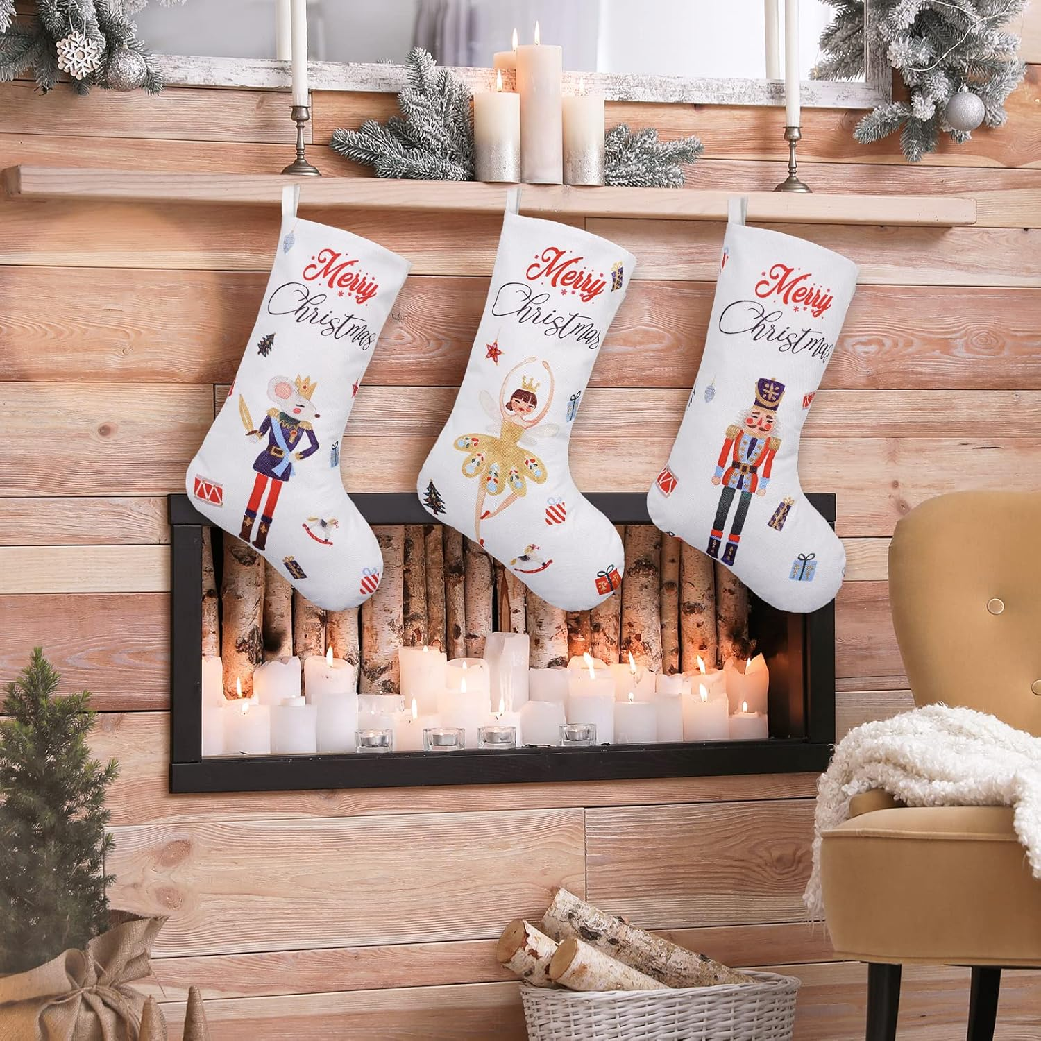 Anydesign Large Nutcracker Christmas Stocking 18 Inch Xmas Hanging Stocking 3Pcs Rustic Vintage Watercolor Favor Treat Stocking Gift Bag for Kids Fireplace Xmas Tree Indoor Party Decoration image number 2