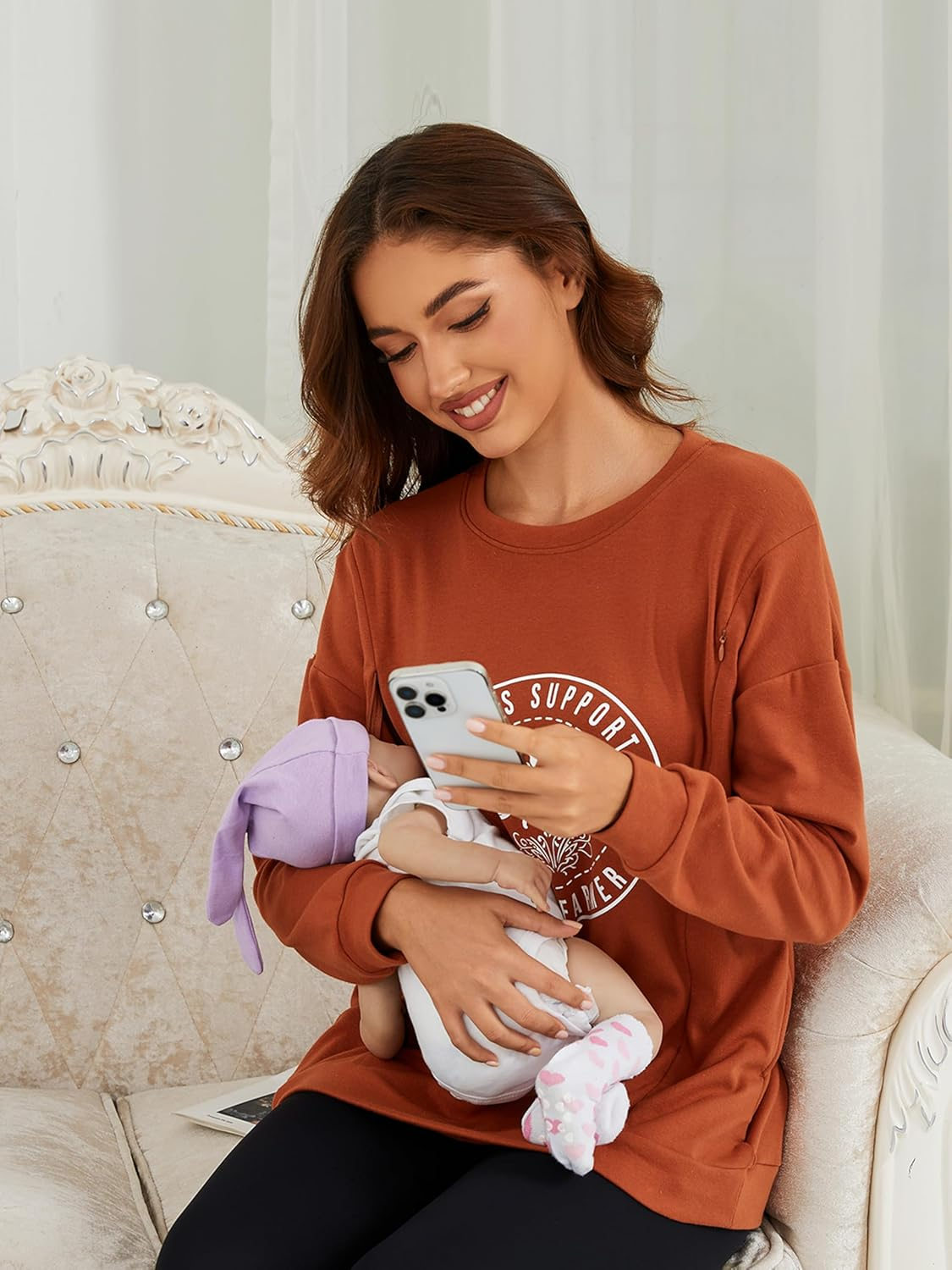 Liu & Qu Women'S Oversized Maternity Nursing Sweatshirt with Hidden Zippers Pullover Long Sleeve Breastfeeding Shirts image number 5