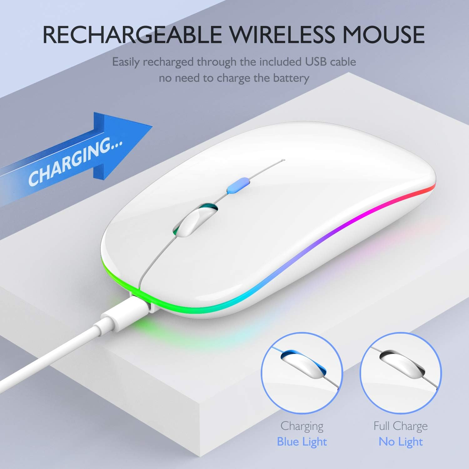 Bluetooth Mouse for Ipad, Macbook Air/Mac/Macbook Pro/Mini/Ipad Pro/Imac/Laptop, Rechargeable Wireless Mouse for Macbook Air/Macbook Pro/Chromebook/Laptop/Pc (White) - Gray image number 6