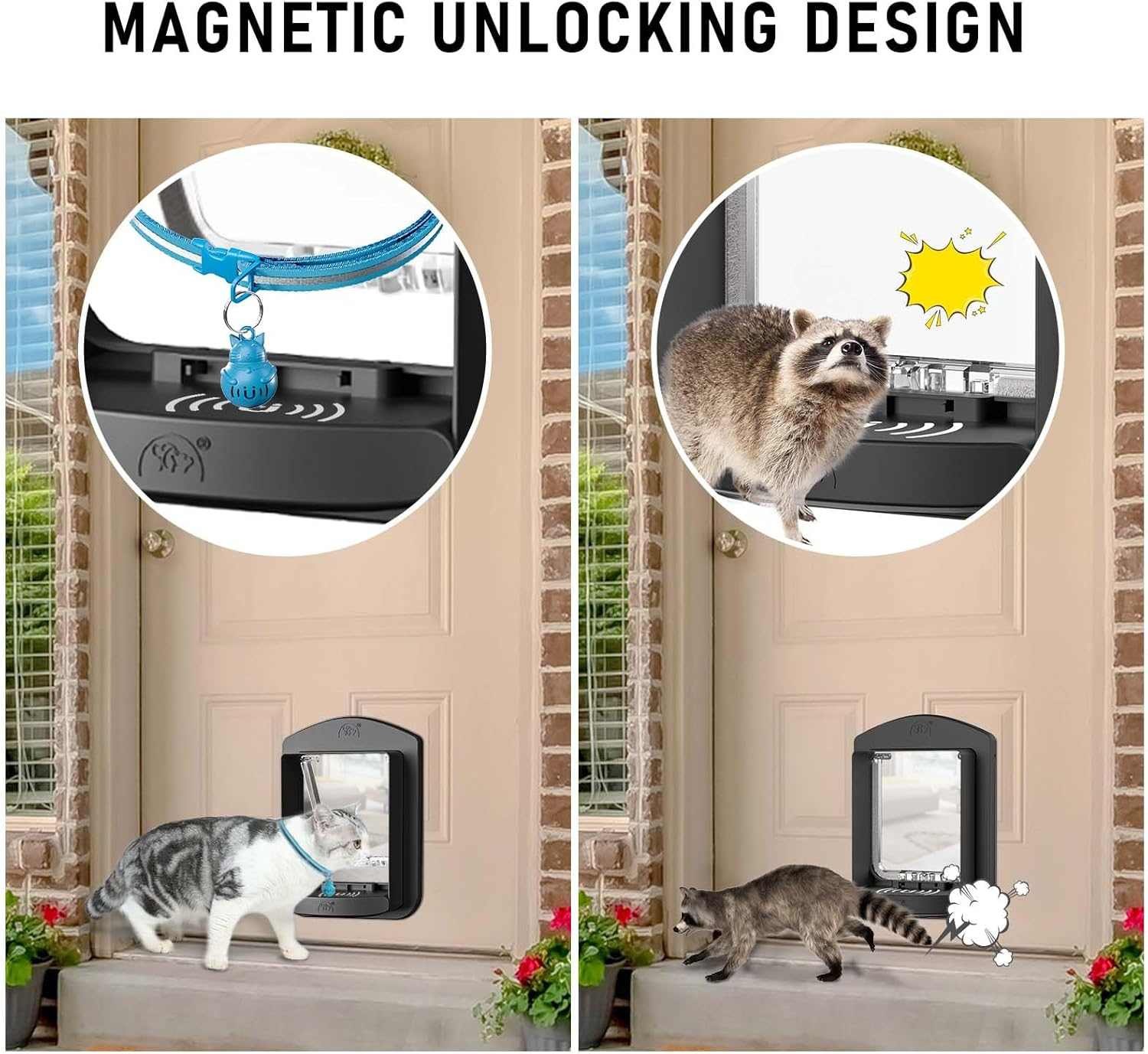 [ALUMANI] Cat Door for Interior Door and Exterior Door, 4 Way Locking with Magnetic Flap, Collar Activated Cat Door, 2Pcs of Cat Magnetic Collars, Black image number 2