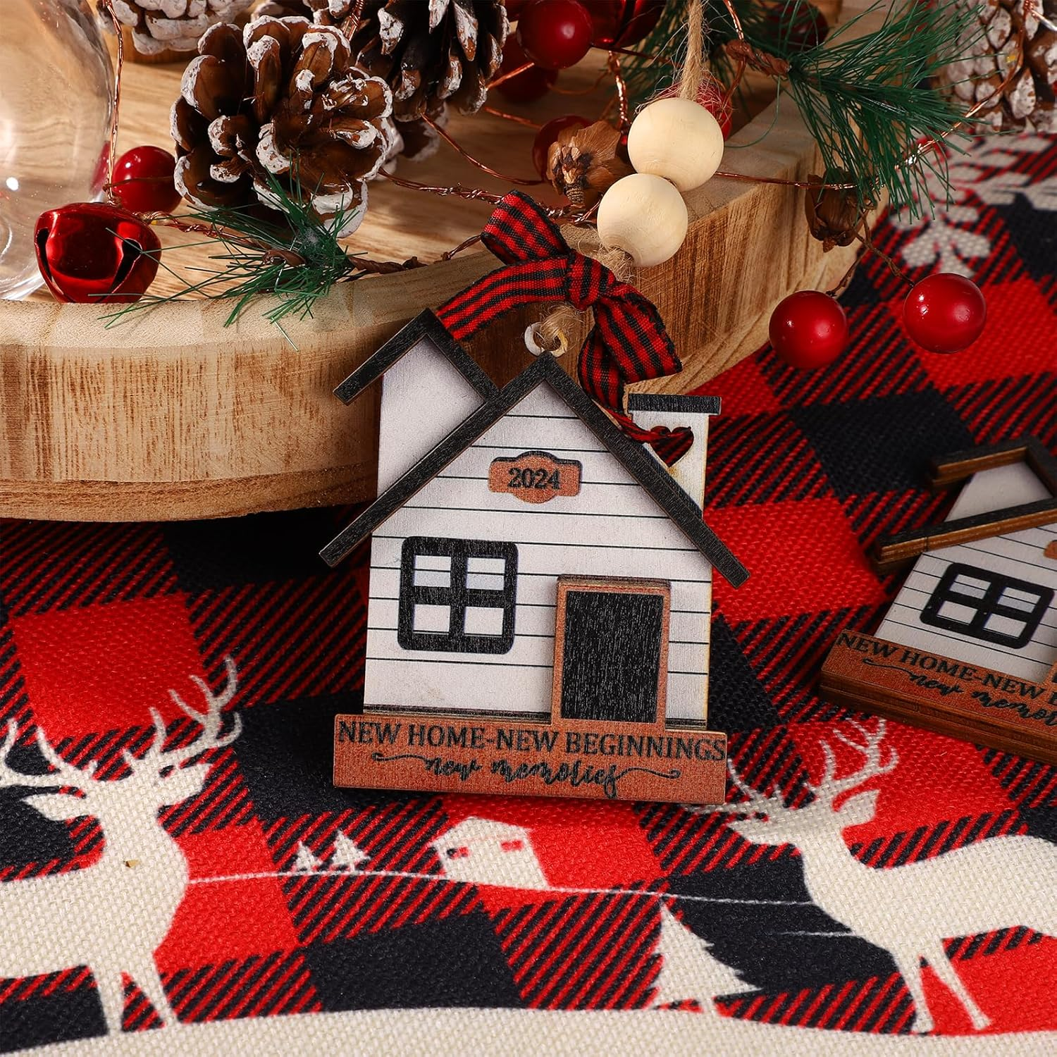 2Pcs Christmas Tree Ornaments, Hanging New Home Ornament 2024 Wooden House Warming Gifts New Home Christmas Ornament for Christmas Tree Decoration Housewarming Gift (Style 1) image number 1