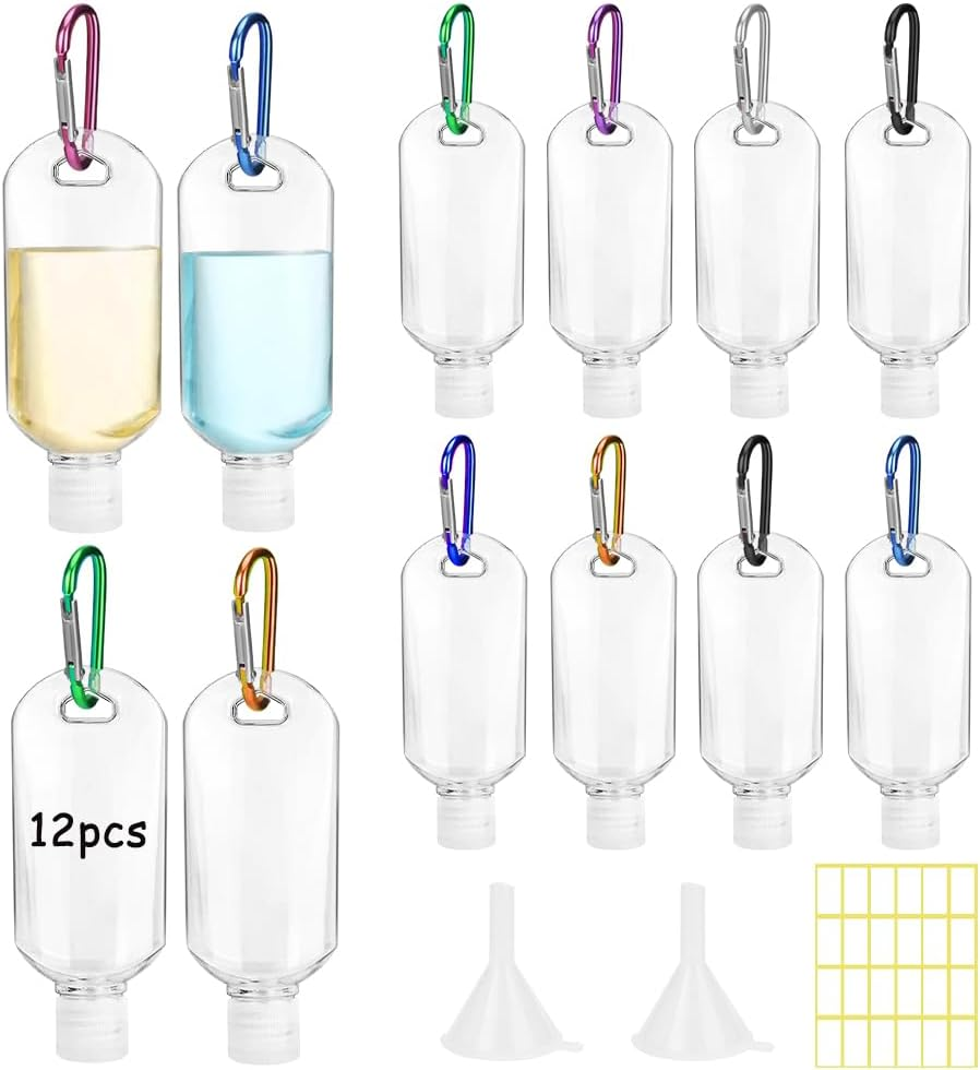 WRENYZK 12 Pcs Travel Bottles with Keychain, Hand Sanitizer Holder, Leakproof Refillable Squeeze Containers, 2 Oz (60 Ml) Portable Squeeze Bottles Kits with Flip Cap for Home Office Outdoor image number 4