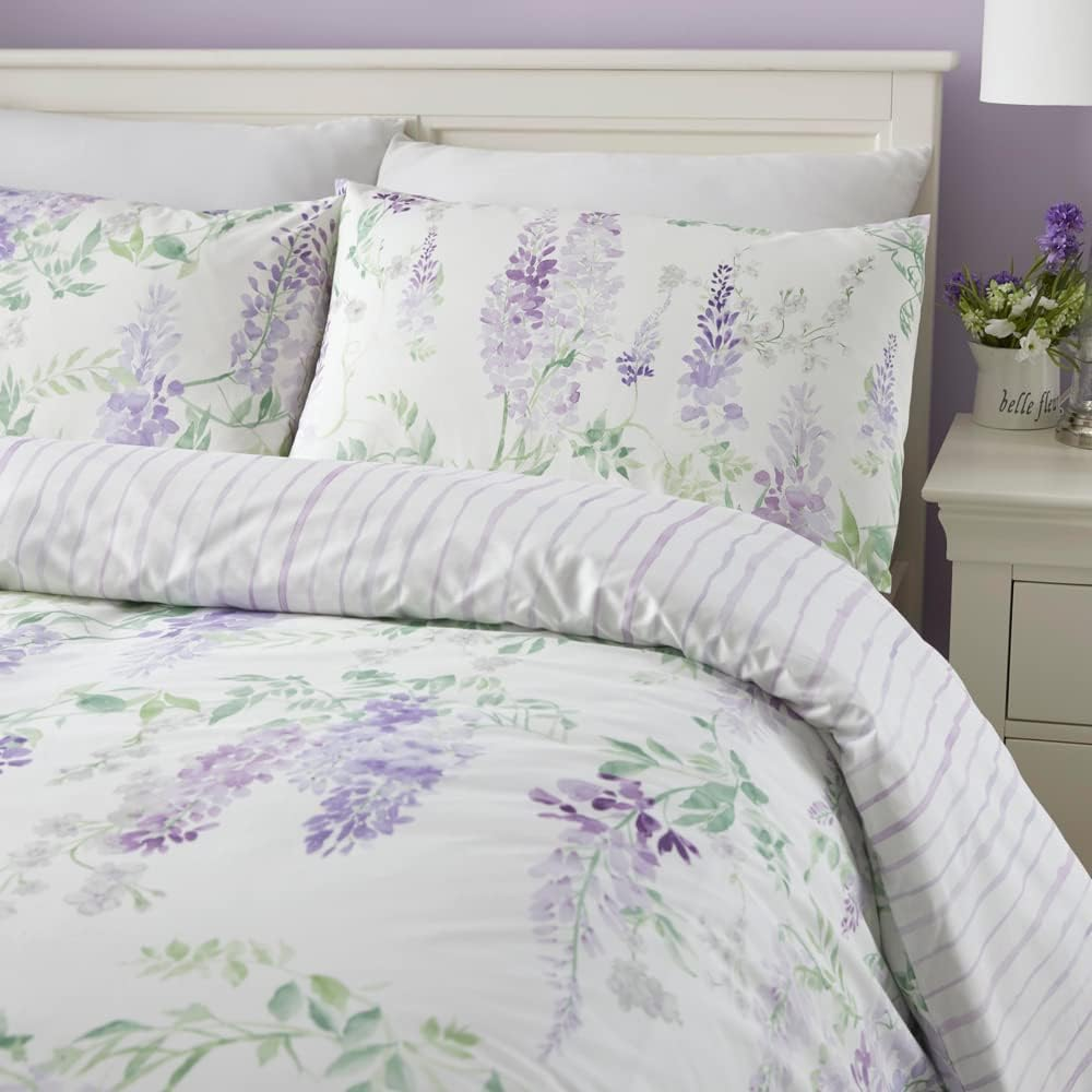 Dreams & Drapes - Purple Floral Wisteria Duvet Cover - King Bedding Size (230 X 220Cm) - Reversible Design (Purple Stripe) - Easy Care & Washable - Flower Duvet Cover in Lilac/Lavender Colour image number 2