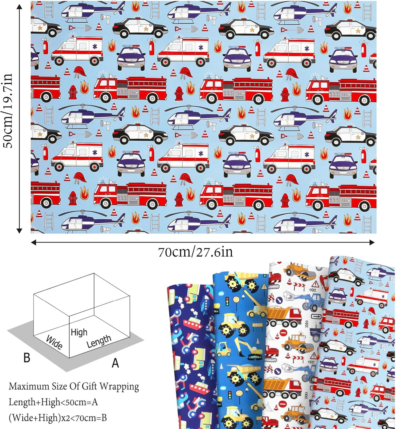 ZCOINS 4 Sheets 70 X 50CM Vehicle Wrapping Paper for Kids Mens Police Car Ambulance Fire Truck and Helicopter Emergency City Rescue Theme Transport Gift Paper Bulk for Birthday Party DIY Crafts Supply image number 3