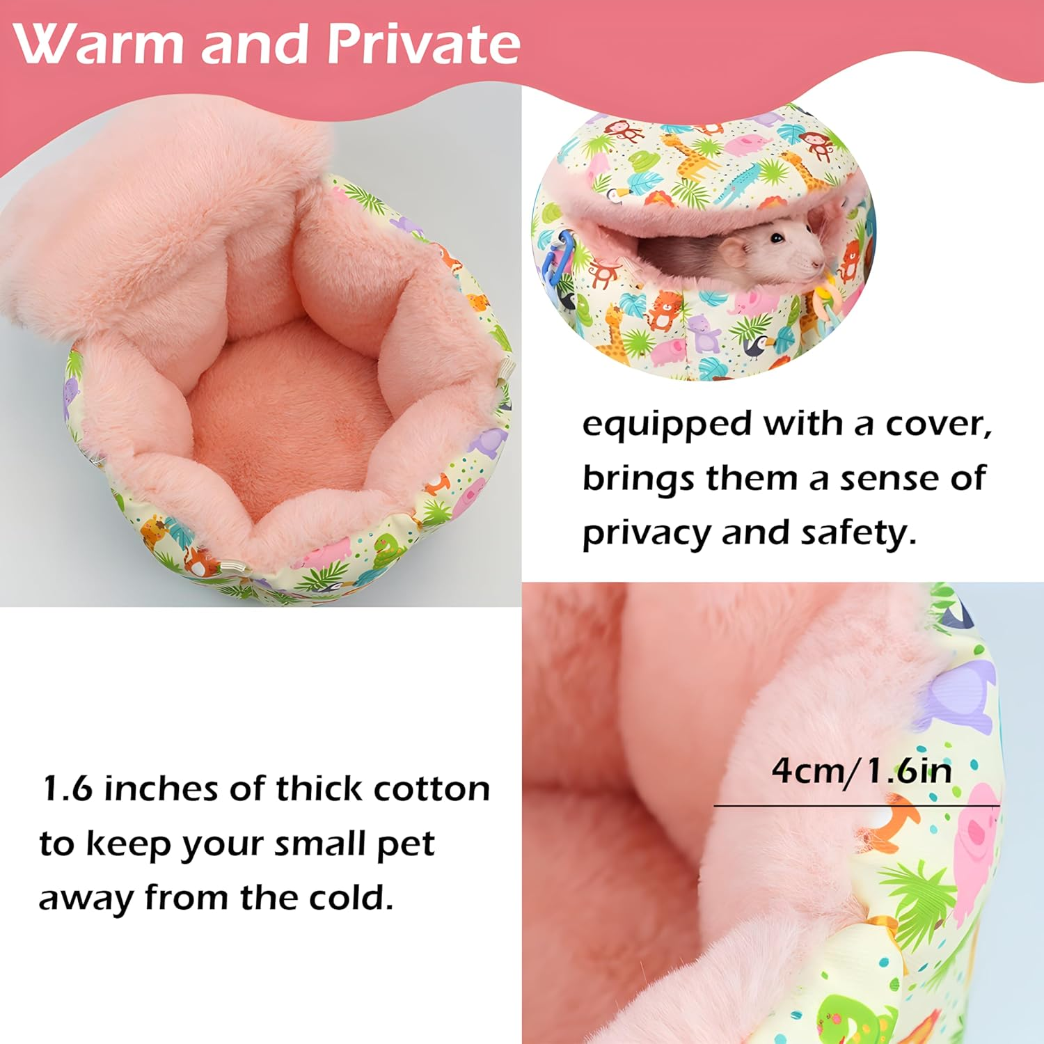 Jevnd Rat Hammock for Cage, Rat Hanging Bed, Rat Cage Accessories Warm Sleeping Nest Bed, Small Animal Cage Hammock for Rats, Mice, Sugar Glider, Squirrel - Pink image number 3