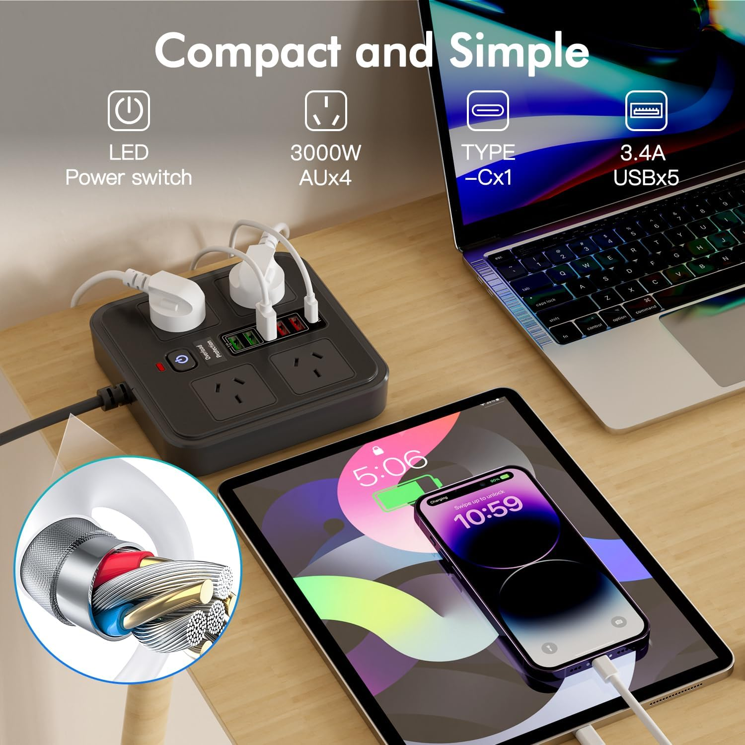 Lvpradior 10-In-1 Power Board with 4 AC Outlets & 6 USB Ports (5 USB-A + 1 USB-C) &ndash; 2500W Surge Protector, 1.8M Extension Cord, Wall Mountable for Home Office, Kitchen & Gaming(Black) - Black image number 3