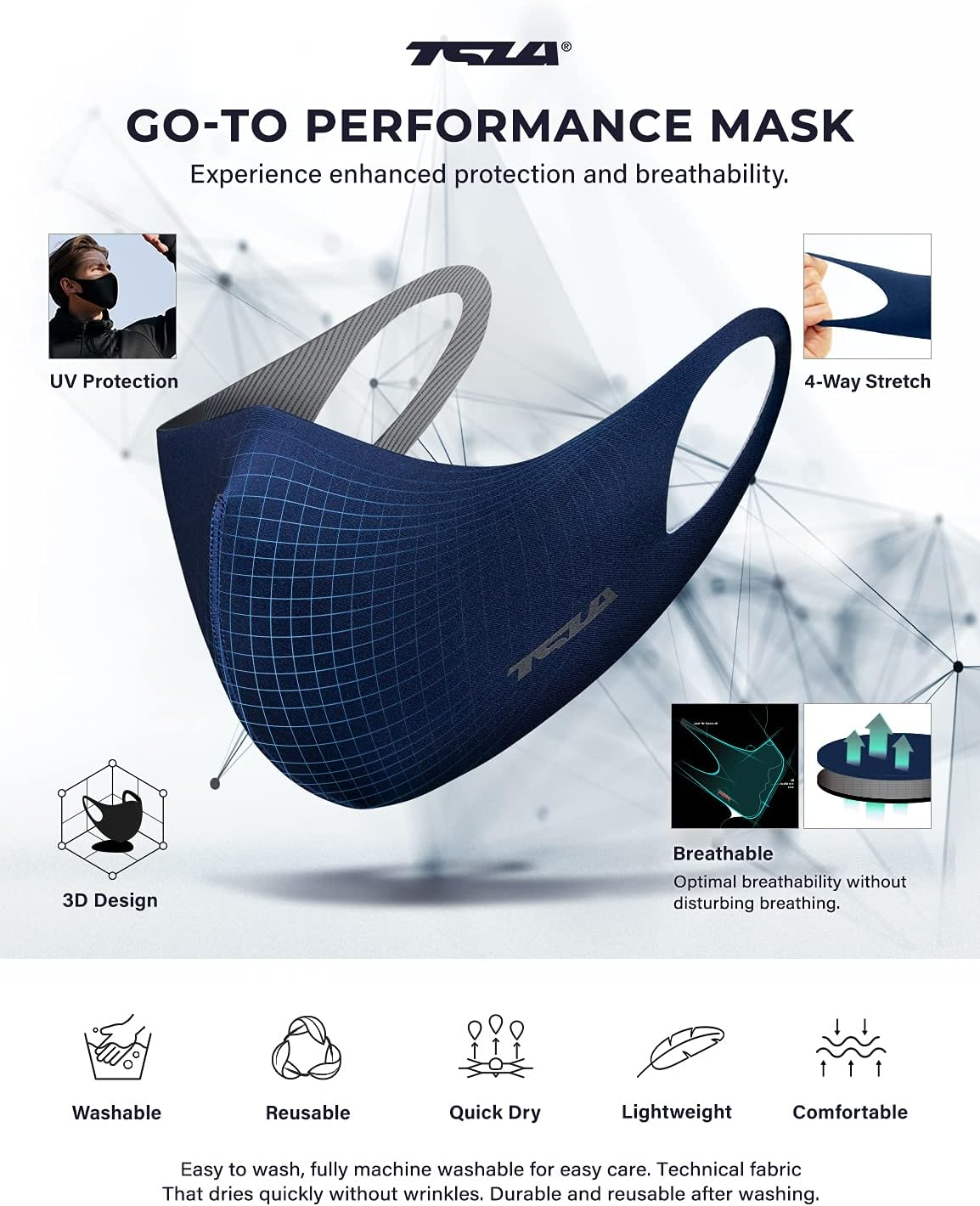 TSLA Men & Women'S Copper Infused Face Mask, Washable Reusable Face Masks, UPF 50+ Lightweight Breathable Mask, X-Large - Mzm01 - White image number 5