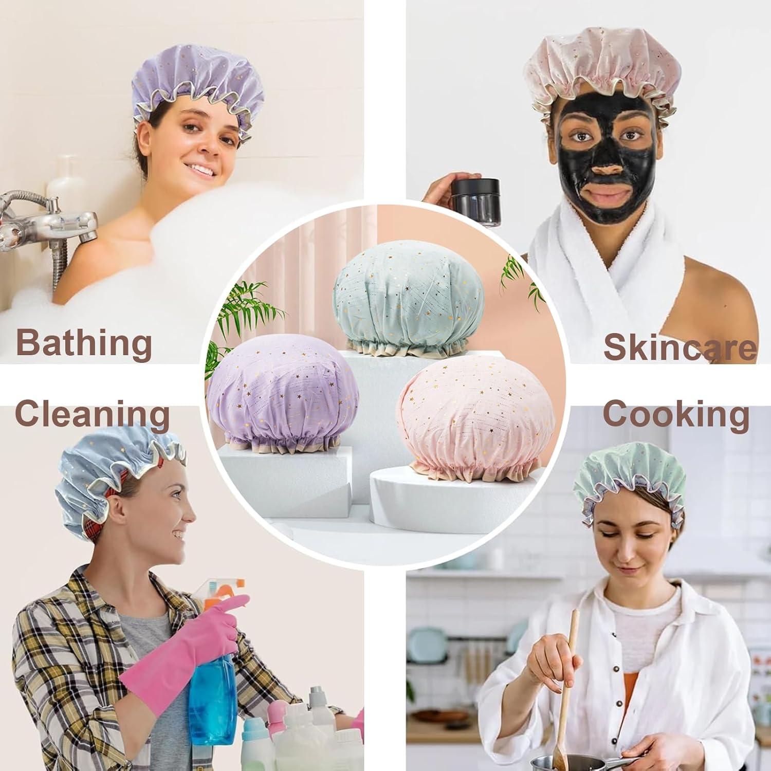Shower Cap for Women,Elastic Double Layer Shower Caps,Reusable and Waterproof Bath Cap,Bath Hat for Women Long, Short and Curly Hairs image number 4