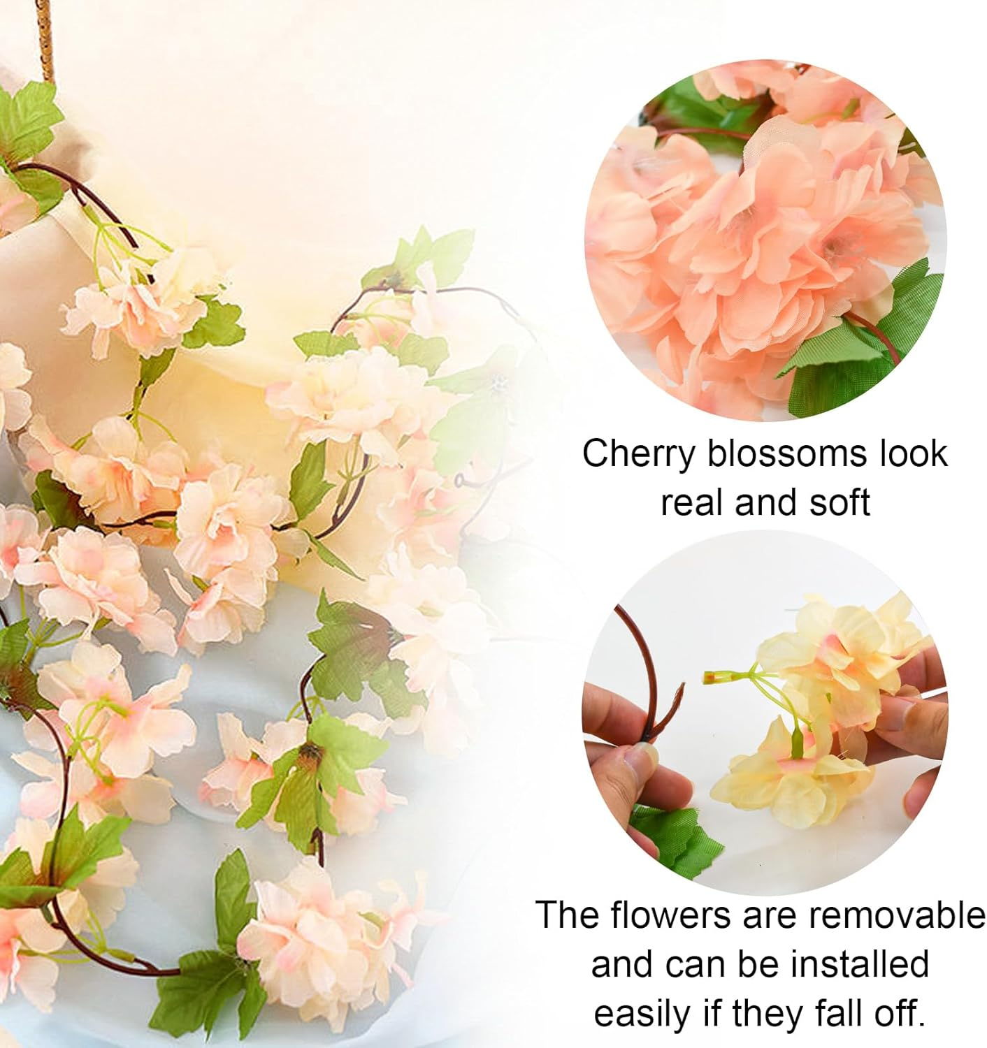 Bacucine 6Pcs Artificial Cherry Blossom Flower Vines Fake Cherry Blossom Flower Hanging Flower Vine Faux Sakura for Home Wedding Party Decor (Champagne) - White image number 3