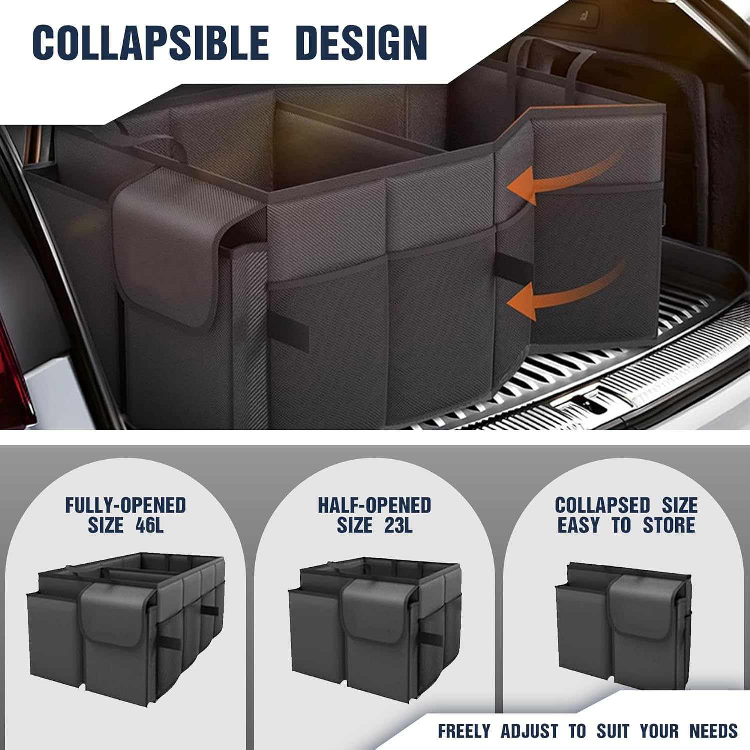 Car Boot Organiser, Car Organiser Box, Foldable Trunk Storage Bag for Storing Car Accessories, Tools, Sundries, with Two Compartments, Black, 22"X13"X11" image number 1