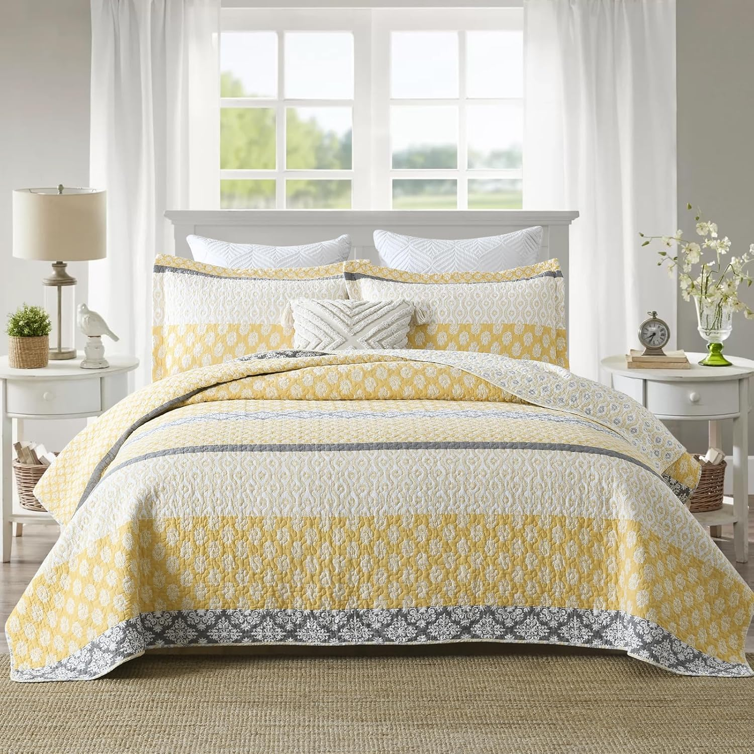 100% Cotton Quilted Bedspread Coverlet Set Queen Size, Lightweight Quilt with 2 Pillow Shams, Geometric Bedding Set Bed Blanket, Orange