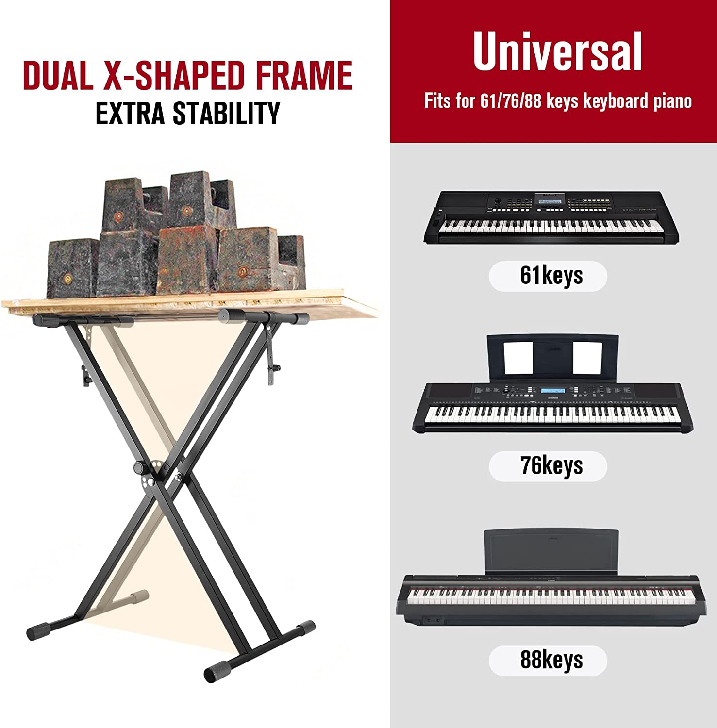 Piano Keyboard Stand Double Braced Adjustable X Style Digital Piano Stand with Locking Straps (Fits 54-88 Key Electric Pianos) - Stand  Bench image number 5