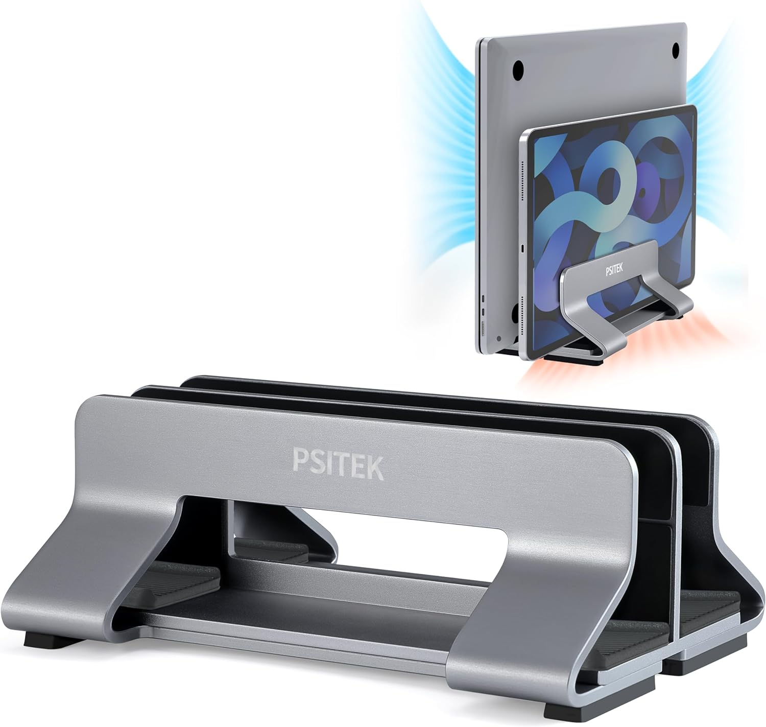 Aluminum Dual Vertical Laptop Stand Dock Holder, Supports 2 Devices, Adjustable Slot Width 12-36Mm, Space-Saving Upright Storage for Macbook and Laptops