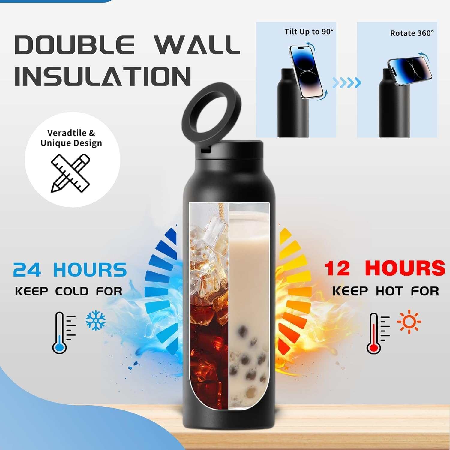 24Oz Water Bottle with Magnetic Phone Holder, Stainless Steel Water Bottles Compatible with Magsafe Phone Mount and Tripod for Iphone, Double Walled Insulated Tumbler for Gym, Sport