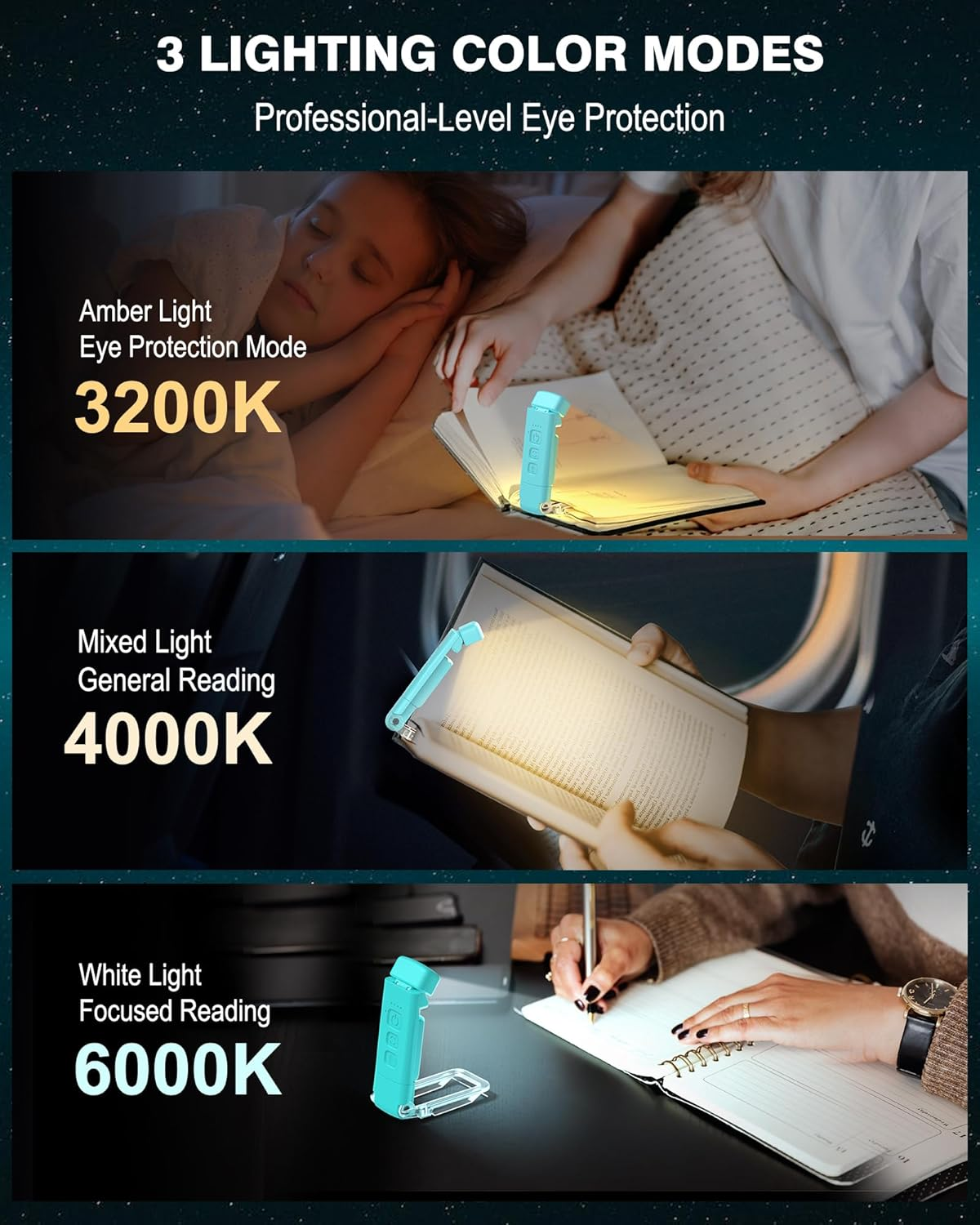 LUOLED 2-Pack Reading Light with 6 Bookmark, Rechargeable, Portable, Clamp Base, 30/60 Minutes Timer, 3 Color Modes & 5 Brightness Adjustments, Eye Care, Blue, Plastic