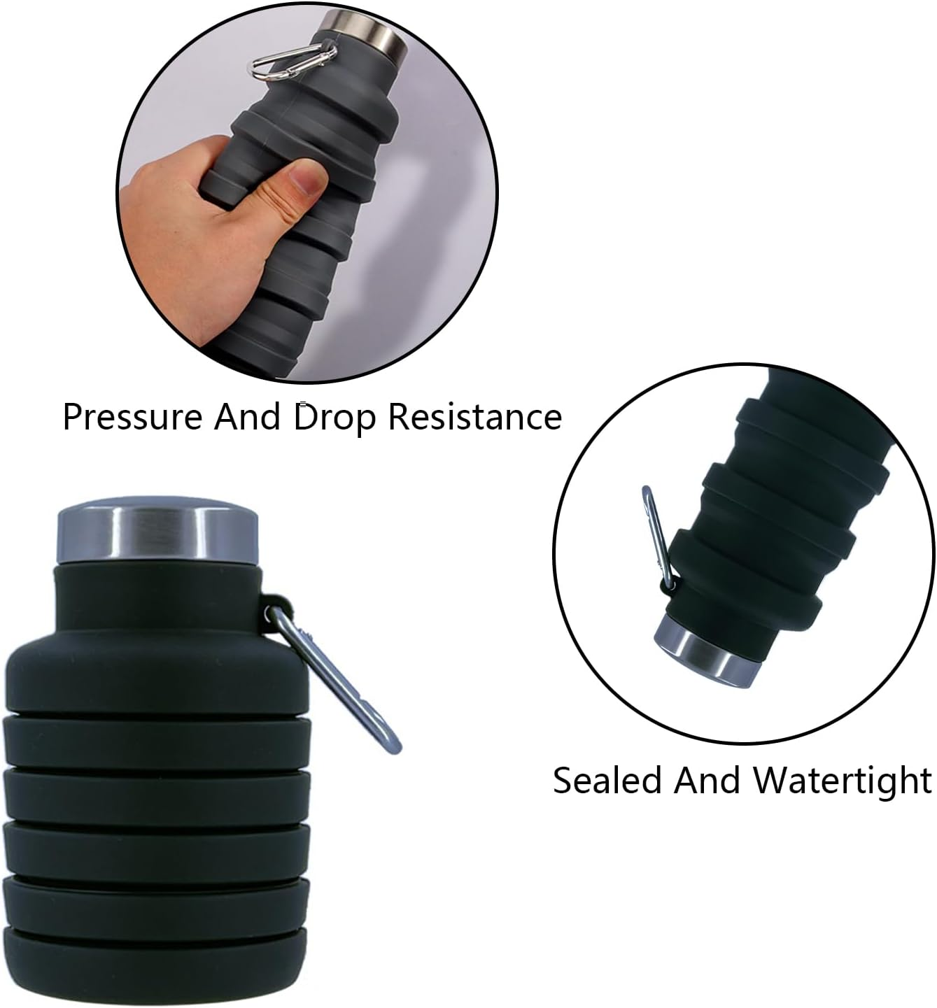 Collapsible Water Bottle, Foldable Water Bottles 17Oz, Portable Leak Proof Sports Water Bottle, BPA Free Reusable Travel Water Bottle, Silicone Collapsible Water Bottles with Carabiner (Black) image number 3