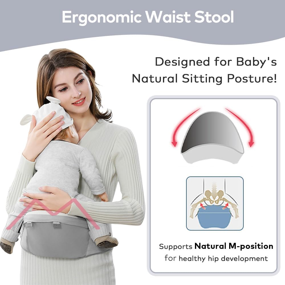 Beideli Baby Carrier with 2 Bibs, 6 in 1 Baby Hip Carrier, Multi-Functional Baby Wrap Carrier for Newborns & Toddlers,Ergonomic Waist Stool, for 0-36 Months Baby(Grey) image number 5