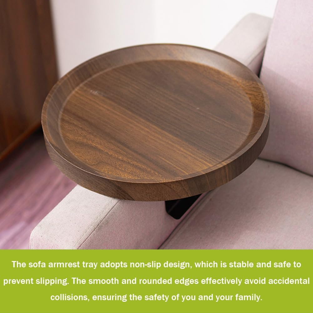 Sofa Armrest Tray, Adjustable Sofa Tray, round Tea Tray, Living Room Study Side Table, Movable and Practical Tea Table, Used to Place Drinks, Food, Snacks, Telephones. (Walnut) image number 2