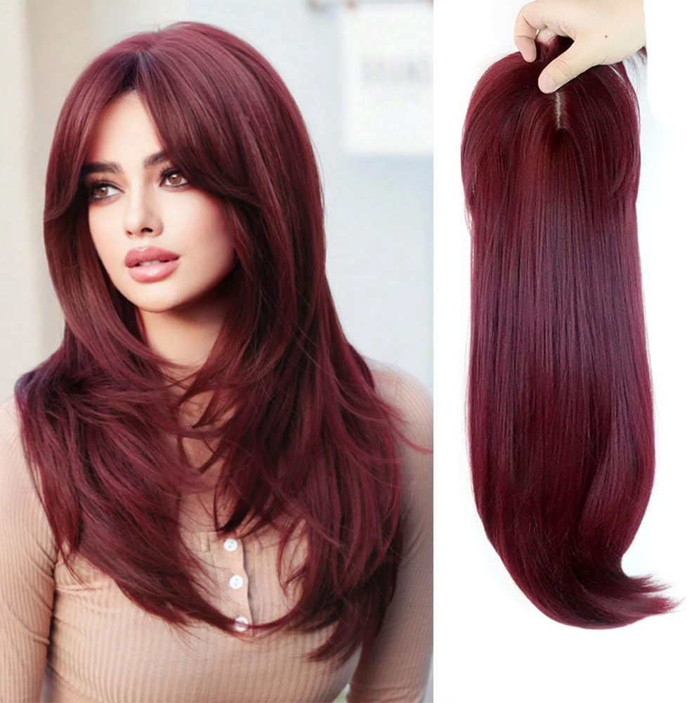 Hair Topper 22" Wavy Toppers Hair Pieces for Women Synthetic Middle Part Hair Topper Long Wavy Clip in Hairpiece with Fringe Bangs (1#) image number 6