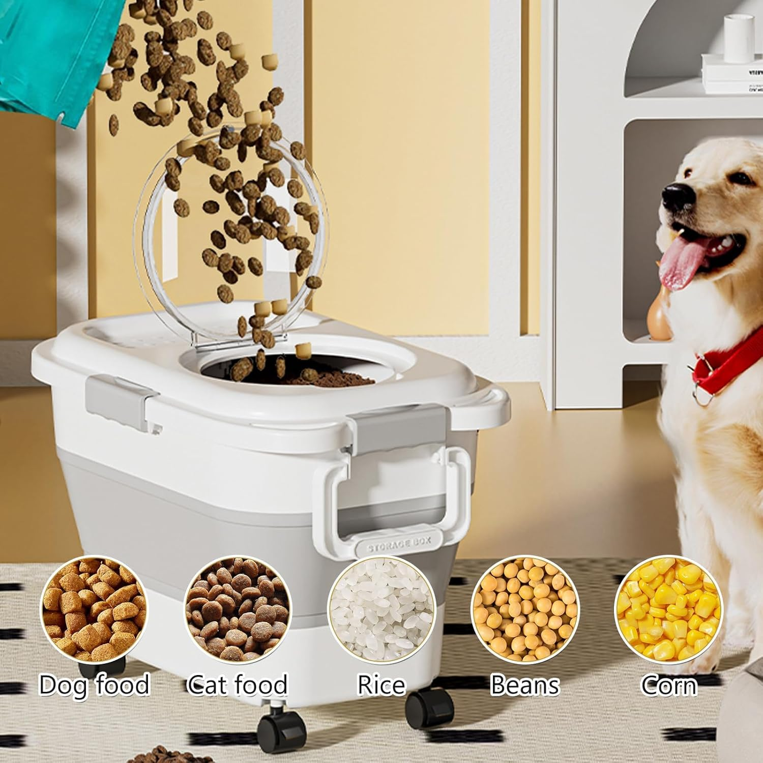 Collapsible Dog Food Storage Container (5-20 Lb), Airtight Pet Food Bin with Lid, Measuring Cups, Rolling Wheels & Handles, Keep Dry Food Fresh for Dogs, Cats, Birds, Easy to Move & Store, Green image number 5