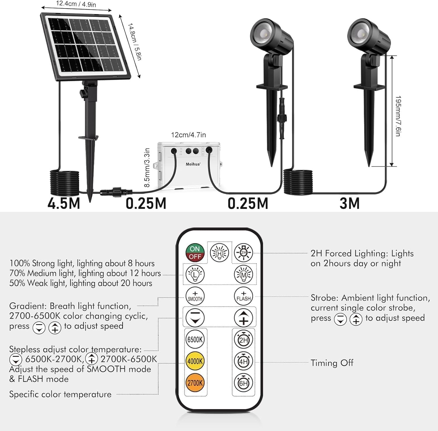 MEIHUA Solar Landscape Spotlight with Remote 2700K 4000K 6500K 3 Brightness Levels IP66 Waterproof LED Landscape Timing-Function Solar Lights Outdoor for Garden Tree Pathway 2 in 1 image number 2