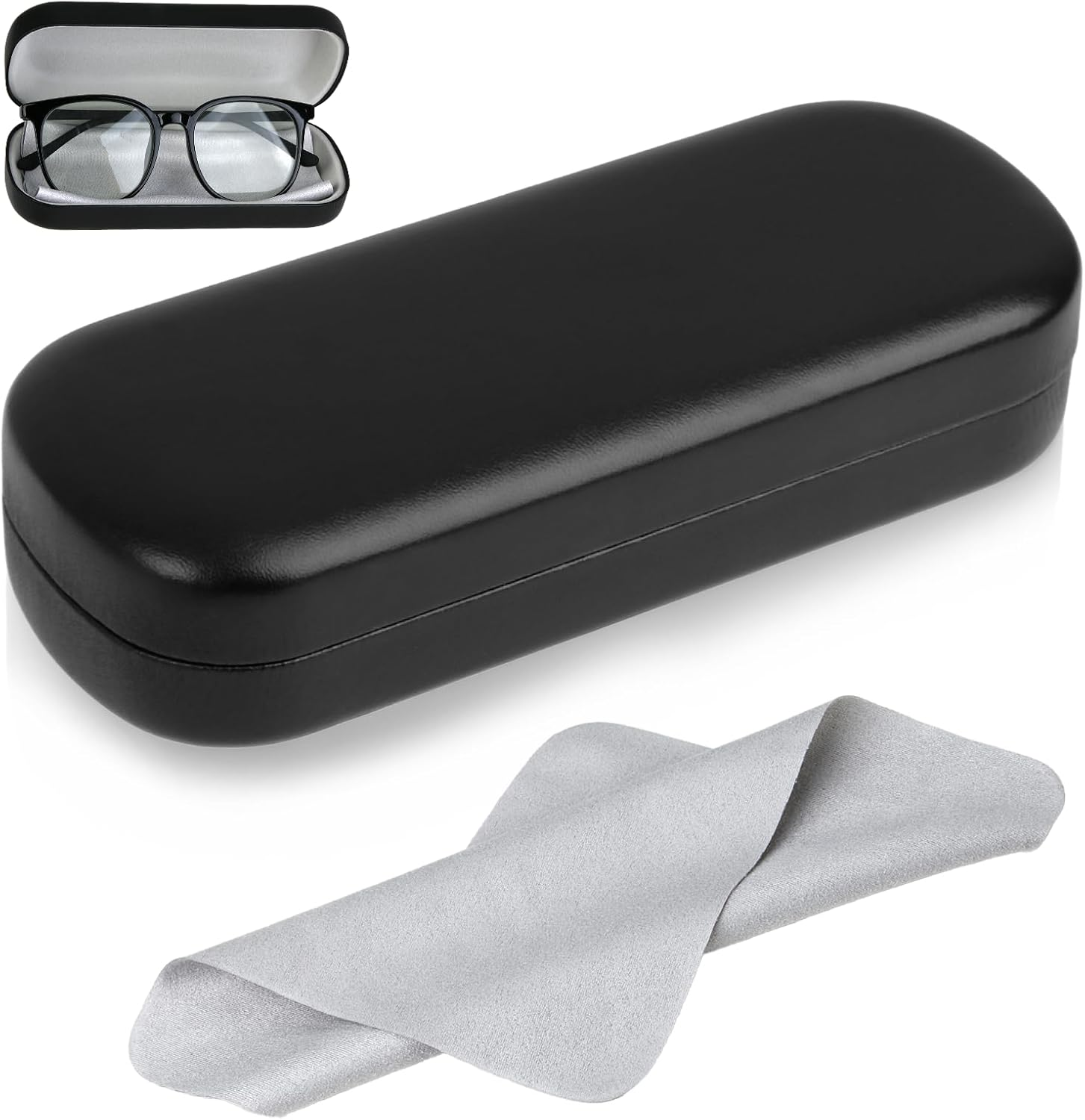 Black Glasses Case, Large Hard Shell Eyeglasses Case with PU Leather Cover, Durable Protective Case for Men & Women, Fits Sunglasses &  Glasses, Includes Soft Grey Cleaning Cloth image number 2