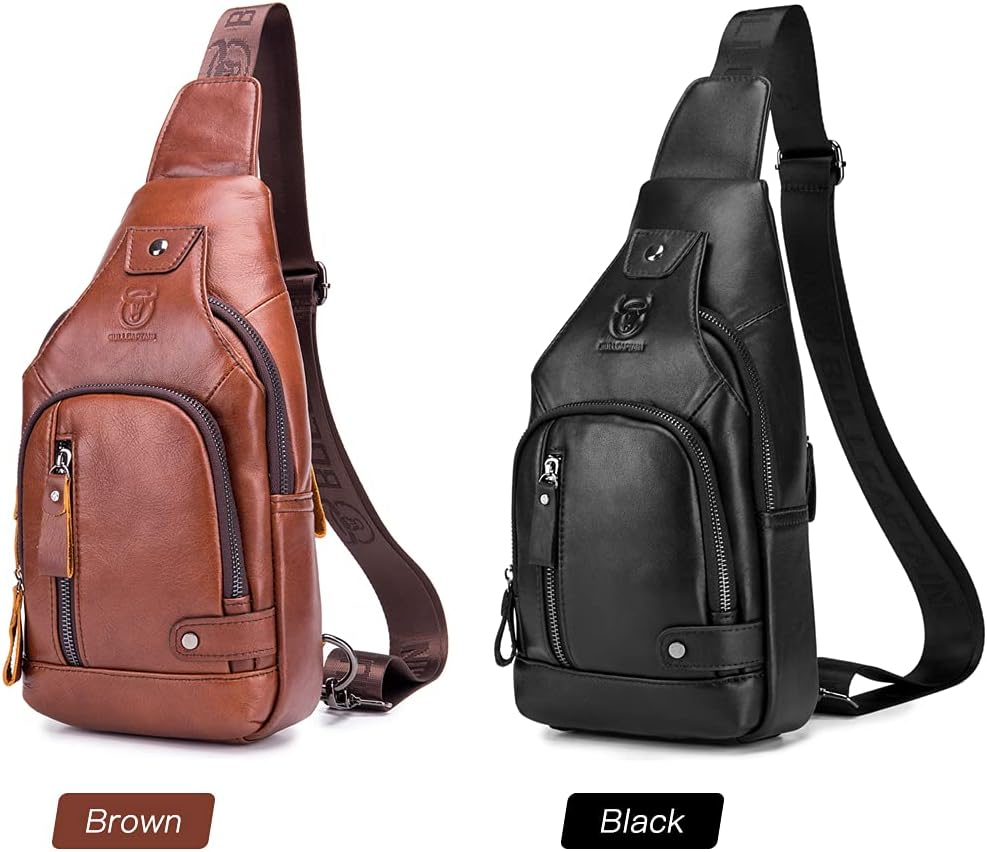 Men Leather Sling Bag Casual Shoulder Chest Crossbody Bag Hiking Travel Daypack with USB Charging Port image number 2