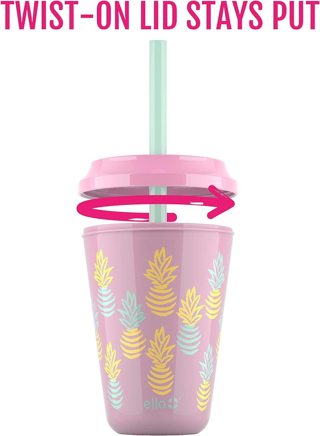 Ello Kids Plastic Reusable Color Changing Cups with Twist on Splash-Proof Lids and Straw, BPA Free, Dishwasher Safe, 12Oz, Fruit Pop, 4 Pack - 4 Pack Rainforest image number 2