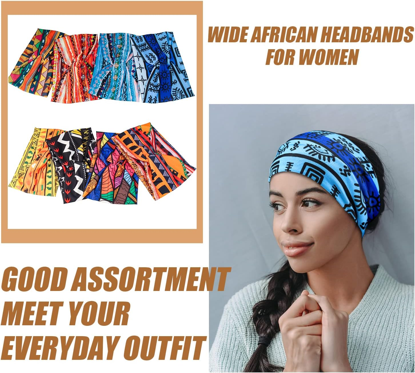 Carede Wide African Headbands for Women Boho Twist Head Bands Elastic Turban Headwraps for Lady Yoga Sports Workout Stretchy Hairband,Pack of 8 image number 4