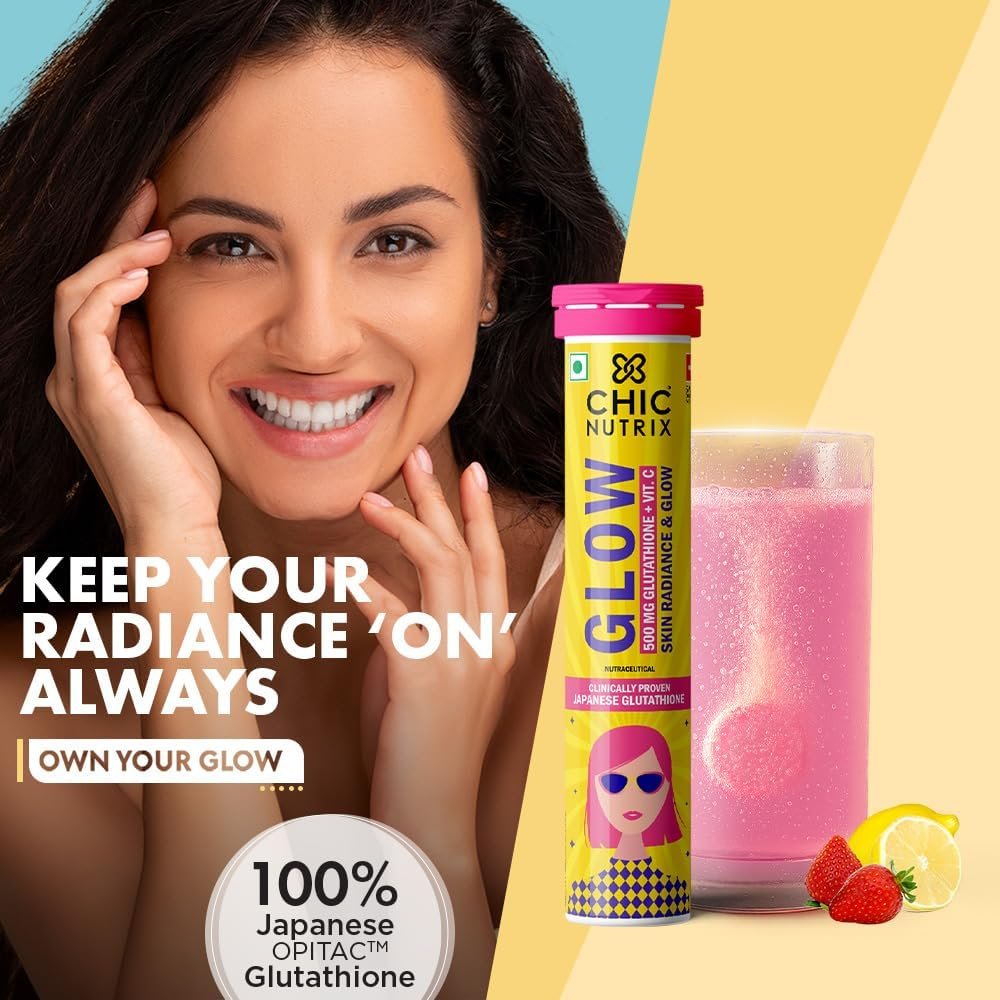 Chicnutrix Glow- 40 Effervescent Tablets| Japanese Glutathione & Vit. C| Antioxidants for Clear, Glowing Skin| Sugar-Free, Strawberry-Lemon Flavour image number 4