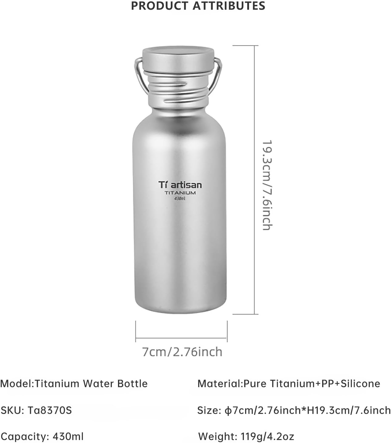 Ti Artisan Titanium Water Bottle Sport Bottle Ultralight Leakproof for Outdoor Camping Hiking (430Ml)