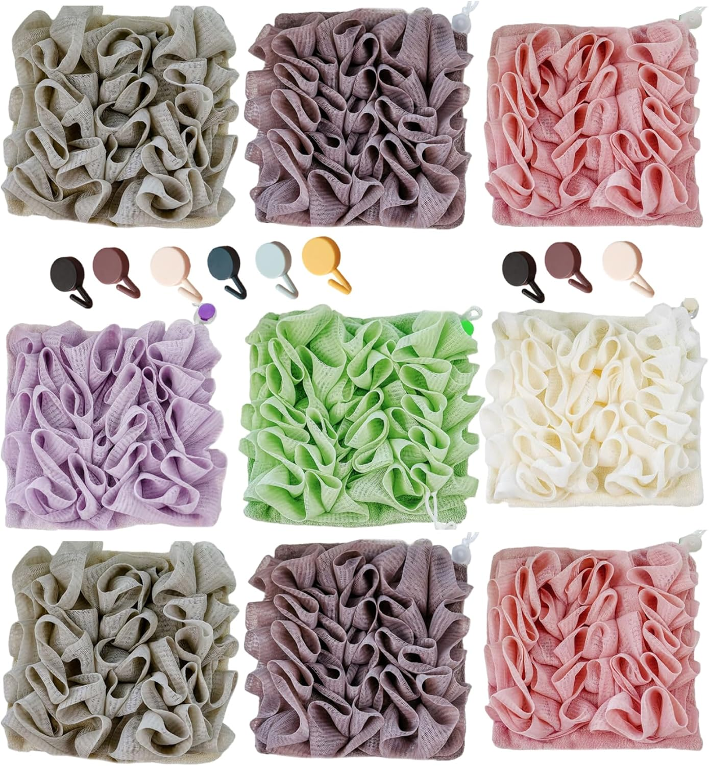 3-Pack Loofah Washcloth Set with Soap Pouch Exfoliating Bath Sponge with Drawstring Dual-Sided for Deepth Cleansing & Smooth Skin (3 Colors) - 3Colors image number 3