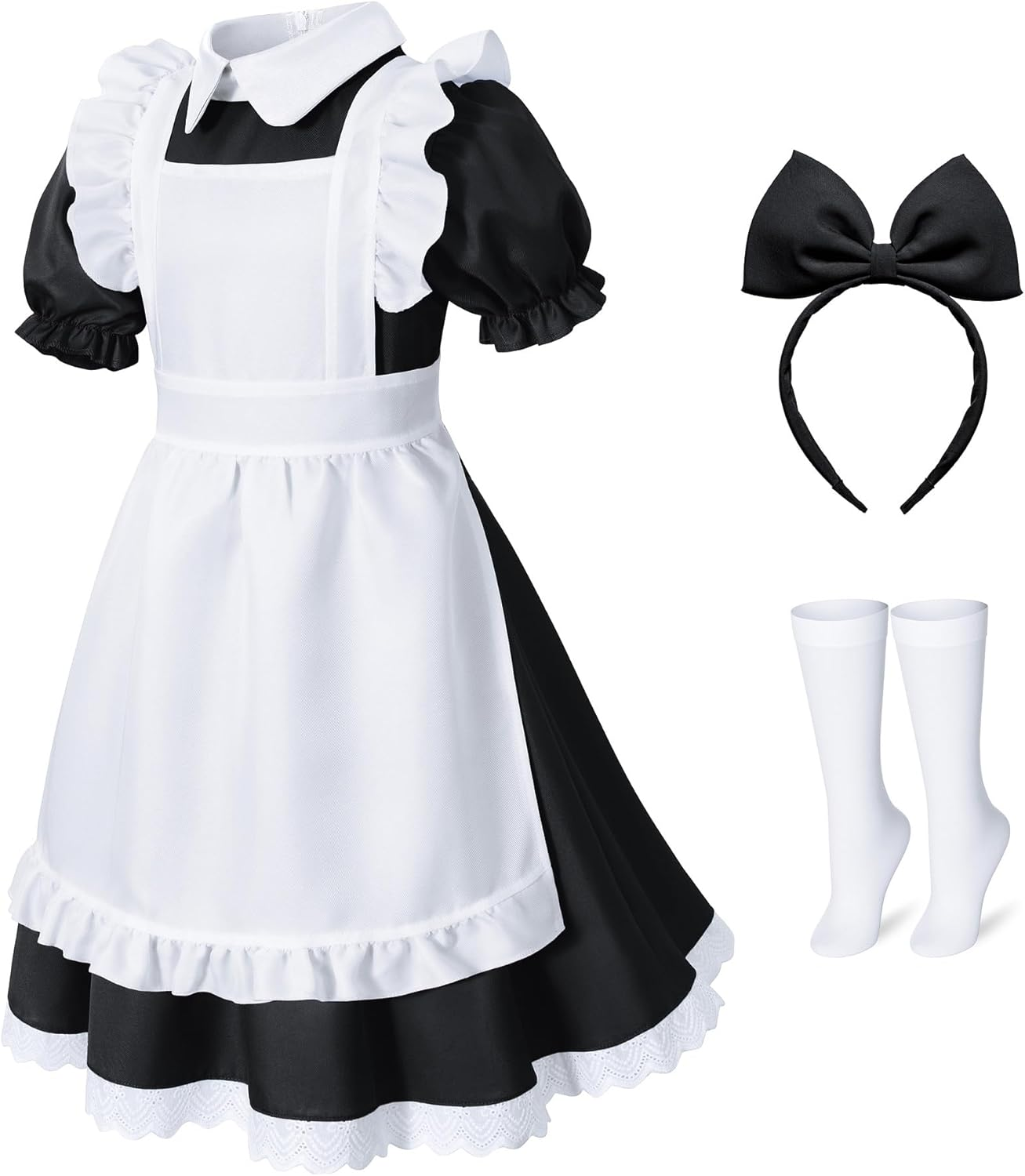 Irtysh Girl Blue Dress White Apron Halloween Cosplay Costume with Bow Hair Band Stockings Set