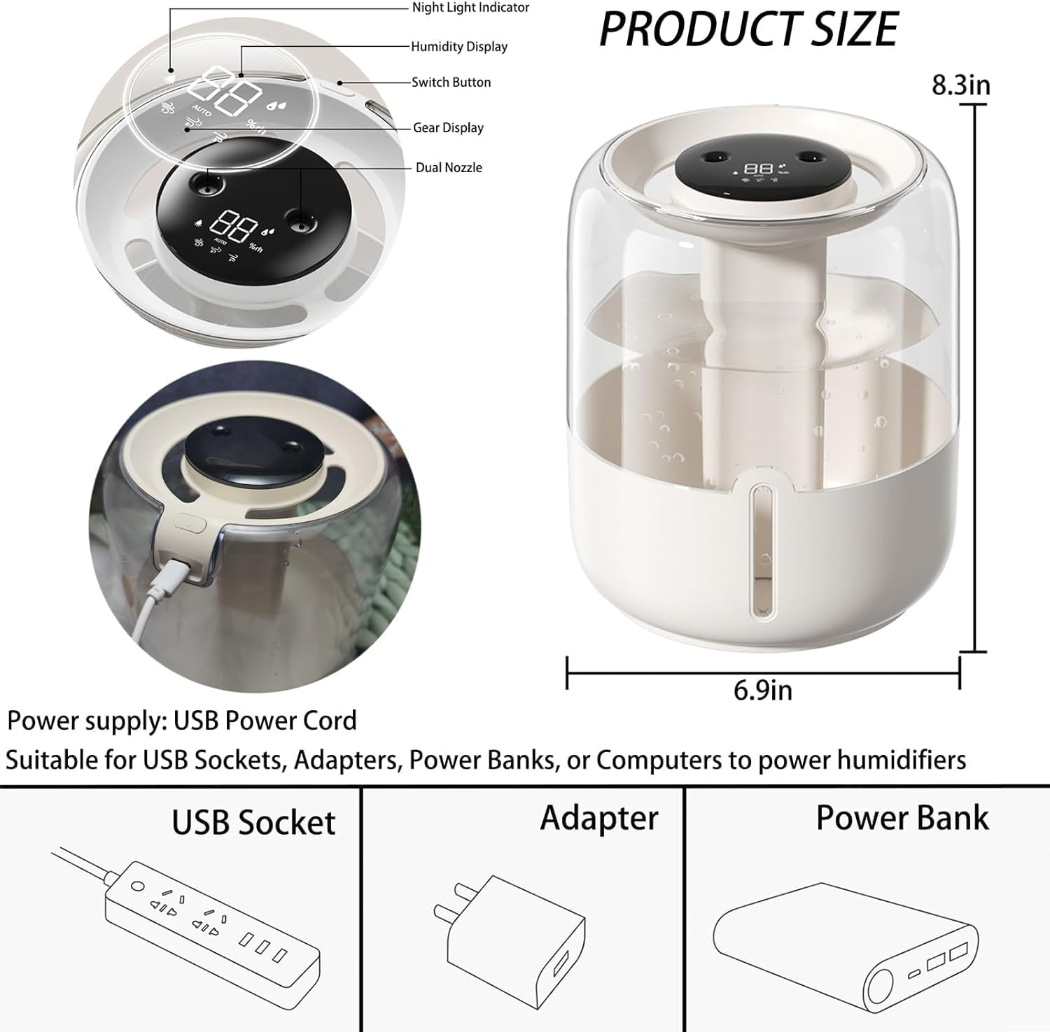 4L Humidifier for Bedroom Baby Room, Air Humidifier with Double Nozzle Top Fill, 3 Gear and Night Light,60H Runtime 28 Db Quiet Humidifier for Plants,Baby,Indoor,Home 3 Gear and Light(6 Filter Sticks) image number 3