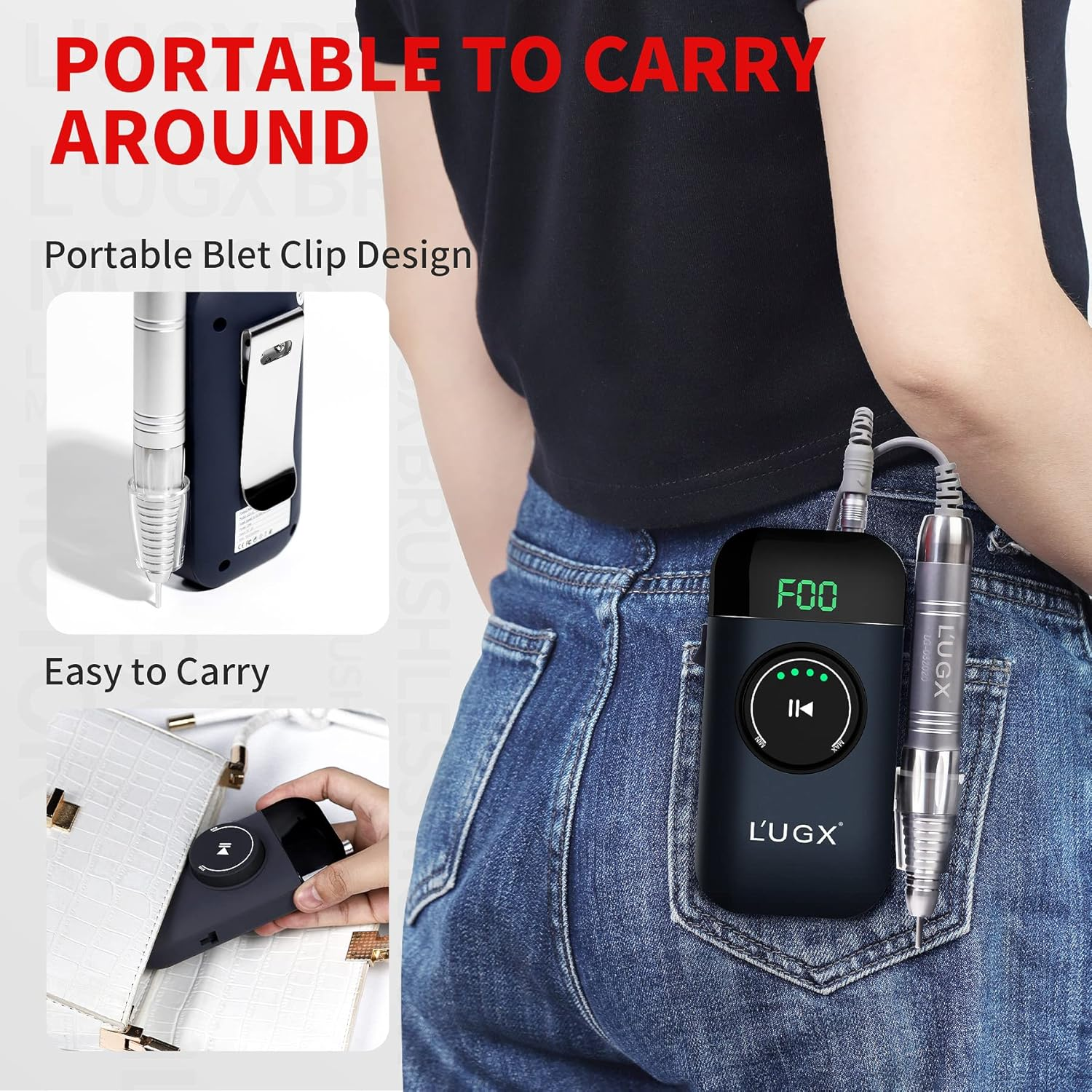 L'UGX Professional Brushless Nail Drill Machine, 35000RPM Rechargeable Cordless Nail Drill, Portable Electrical File for Acrylic, Gel, Manicure Pedicure, Perfect for Home and Salon Use image number 6