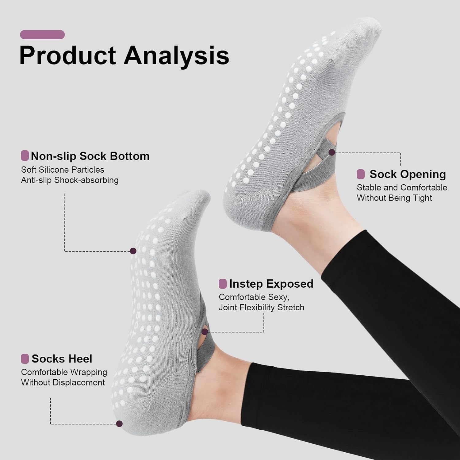 3 Pairs Pilates Socks with Cross-Straps for Women, Anti-Slip Pilates & Yoga Socks with Grips for Ygoa, Barefoot Exercises, Hospital, Indoor Workouts - Beige+Milk Tea+Grey image number 3