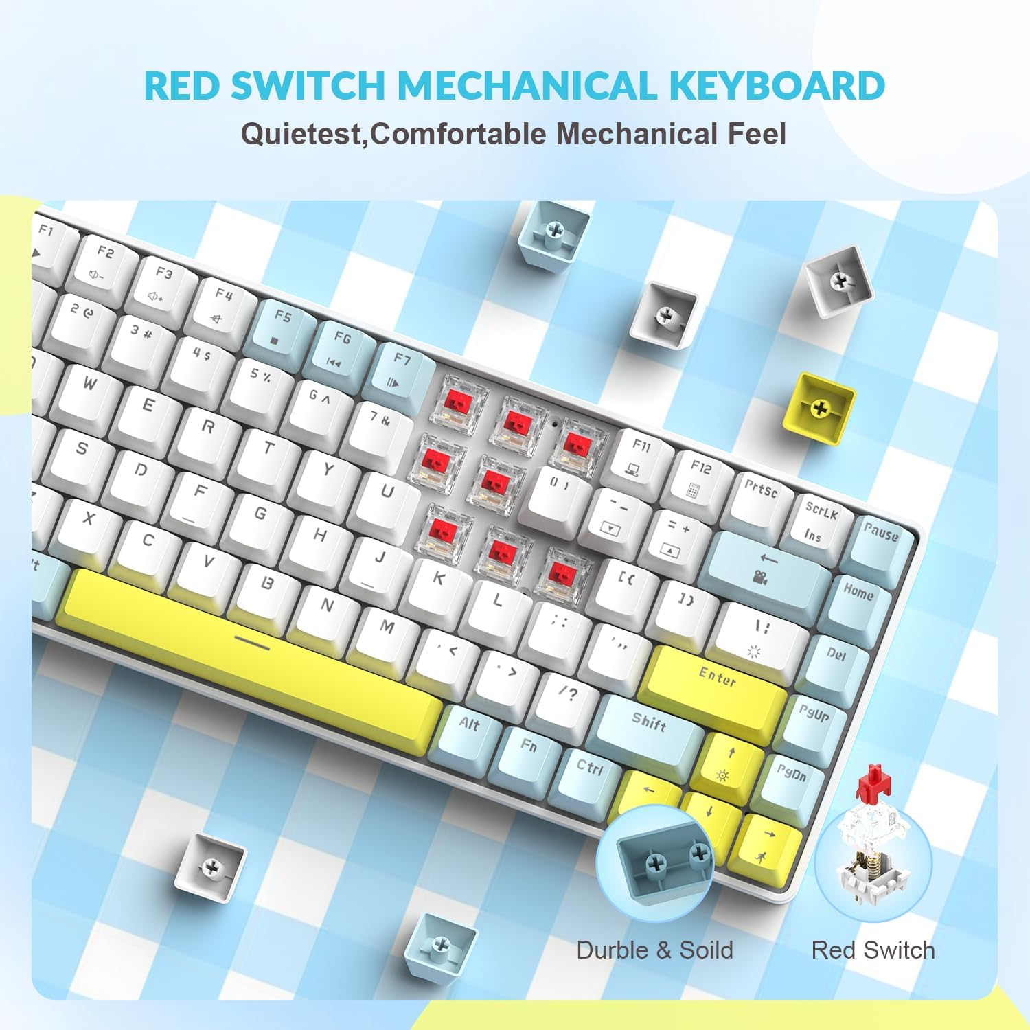 YINDIAO K84 75% Mechanical Gaming Keyboard,84 Keys TKL Layout Compact Keyboard,Hot Swappable,18 LED Backlit,Anti-Ghosting,With Pro Coiled USB-C Cable,Ergonomic,Portable,For Pc,Mac (Lemon,Red Switch) image number 4