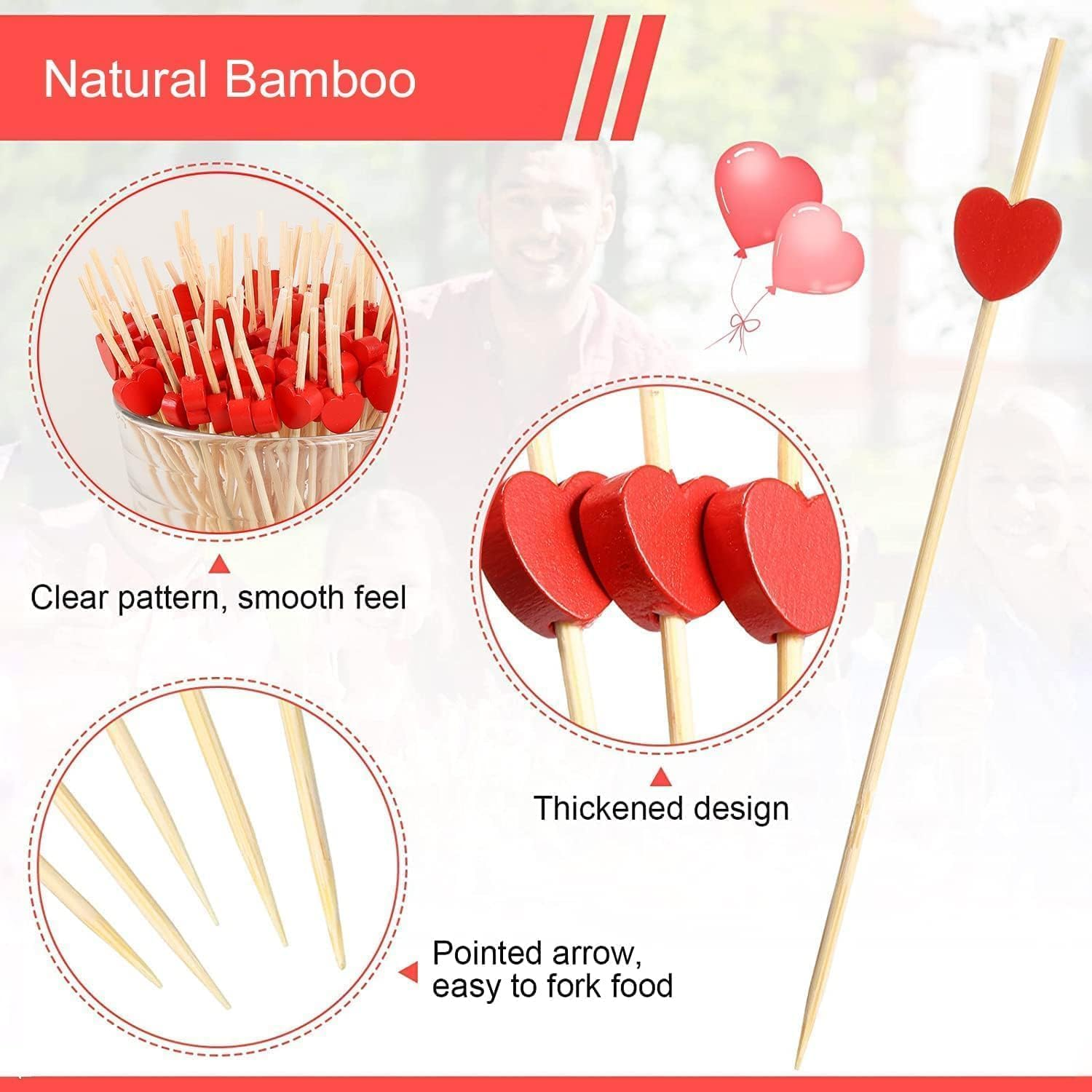 100 Pcs Cocktail Picks, 4.7 Inch Toothpicks for Appetizers, Bamboo Cocktail Sticks Skewers for Drinks, Desserts, Charcuterie, Party Fancy Toothpicks, Heart-Shaped Mini Food Picks Decorative. image number 4