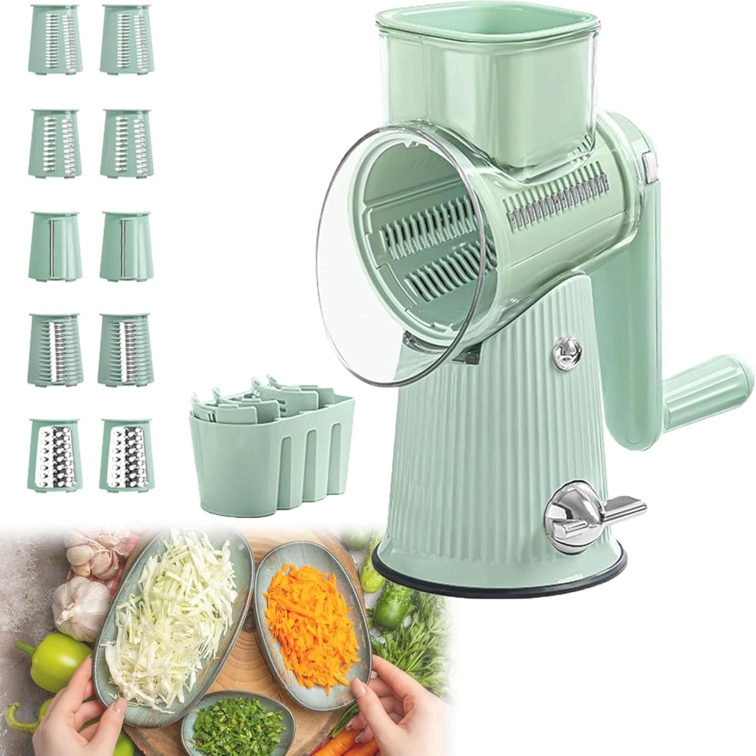 Tasmegol 5 in 1Rrotary Cheese Grater Hand Crank Food Shredder Vegetable Slicer with Handle for Kitchen （Green