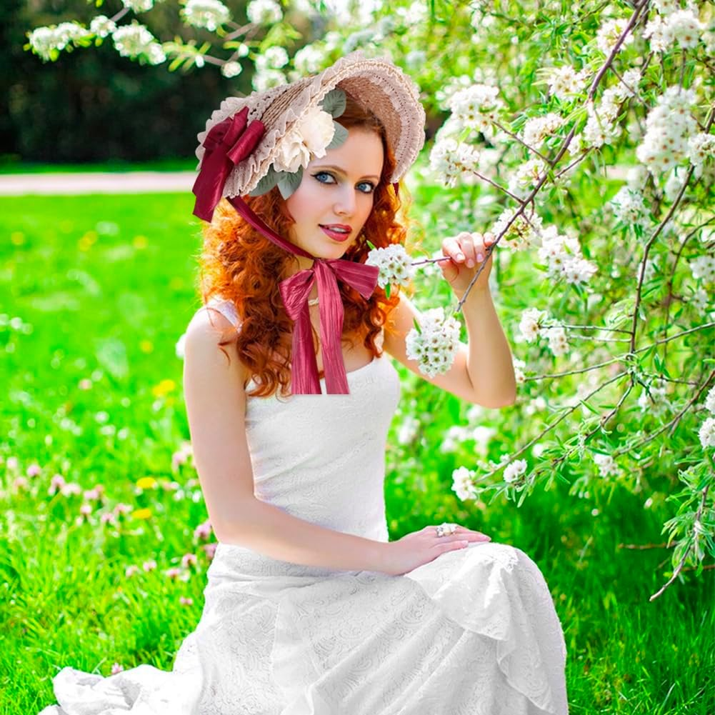 Girls Women Victorian Lolita Flat Bonnet Cap Tea Party Sun Hat Lace Bows Flower Ribbons Straw Hats image number 2