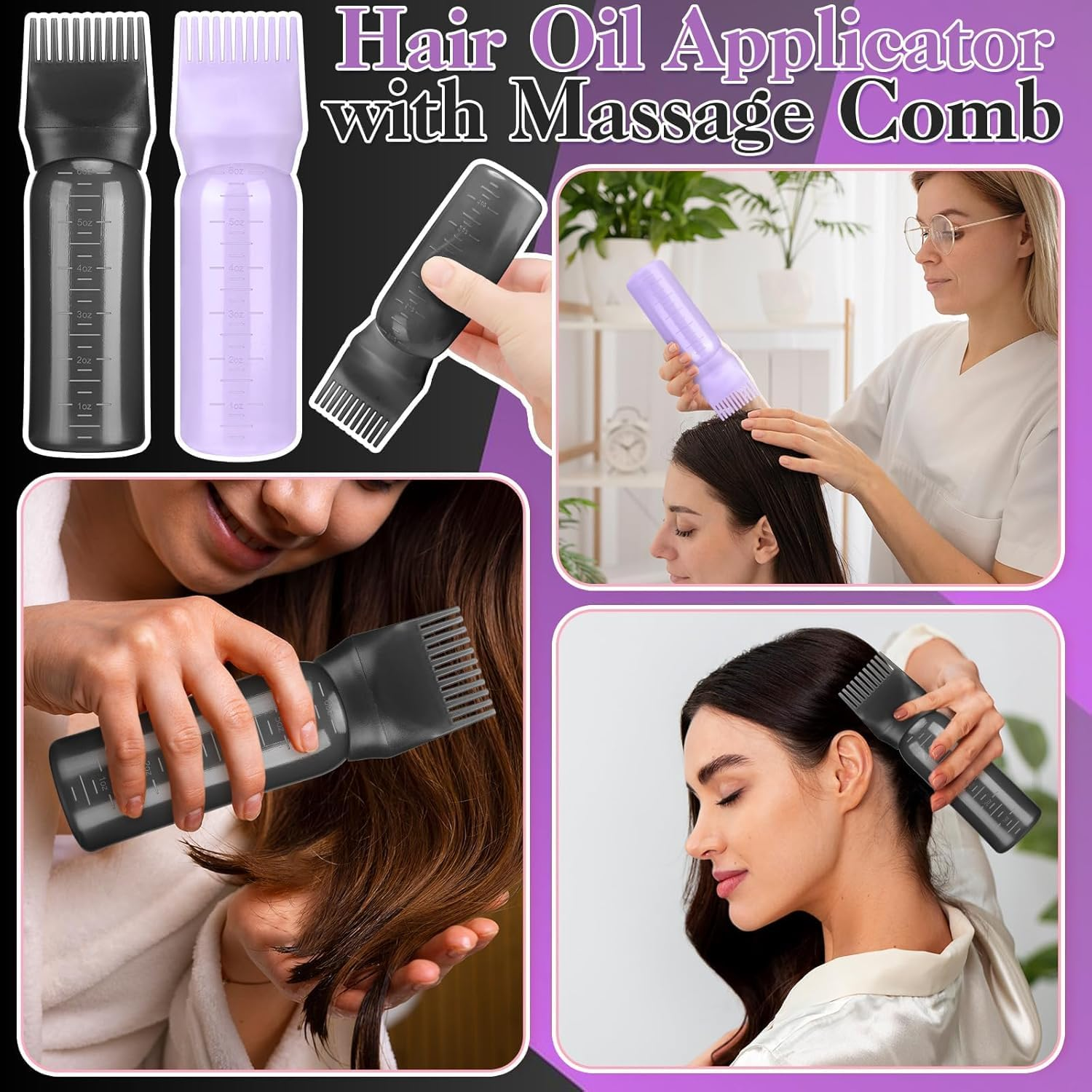 2 Pack Hair Oil Applicator Bottle for Scalp with Comb,Hairs Oil Bottle with Root Comb for Scalp, Shampoo Scrubber Applicator,Hair Dye Tools (Purple+Black, 17.2 * 4.5Cm)