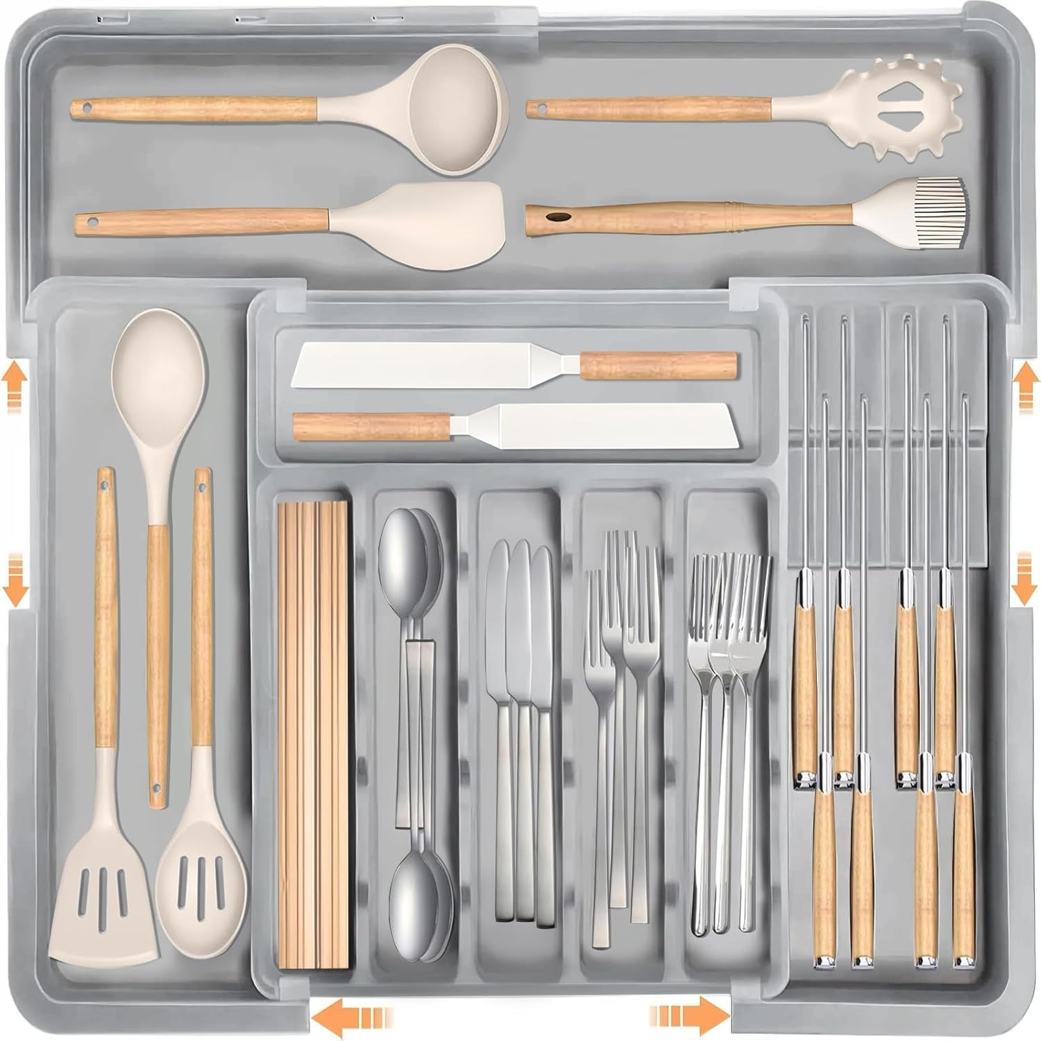 Larger Cutlery Drawer Organiser, Expandable Utensil Drawer Organiser with 9 Compartments, 3-Sided Cutlery Organiser, Adjustable Cutlery and Flatware Tray, Non-Slip, Large for Spoons, Forks and Knives