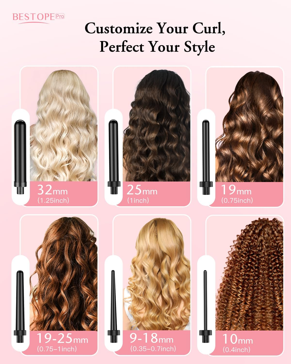 BESTOPE PRO 6-In-1 Hair Curler (10-32 Mm), Quick Heating (30), 2 Temperatures for All Hair Types, Automatic Shut-Off in 60 Minutes image number 2